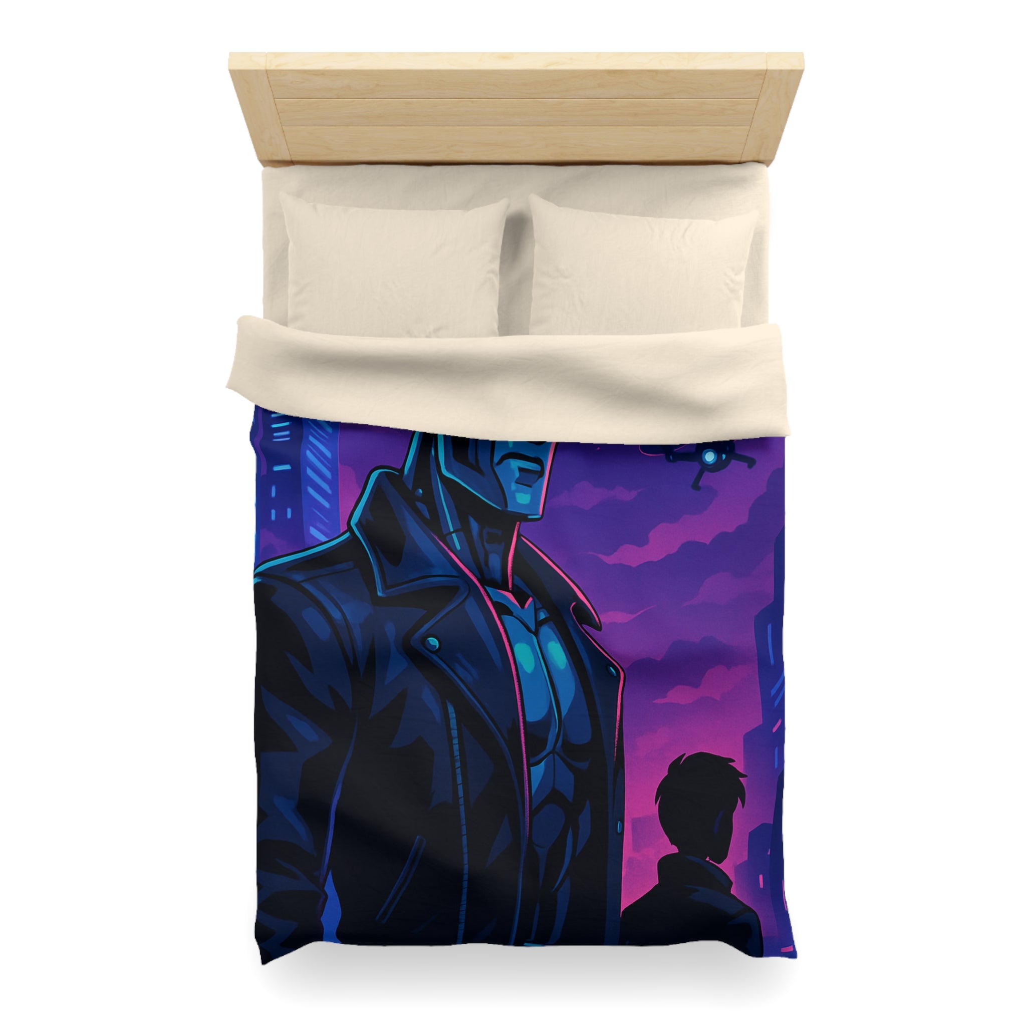 Housse de couette style néon avec robot futuriste et drones en ville de nuit