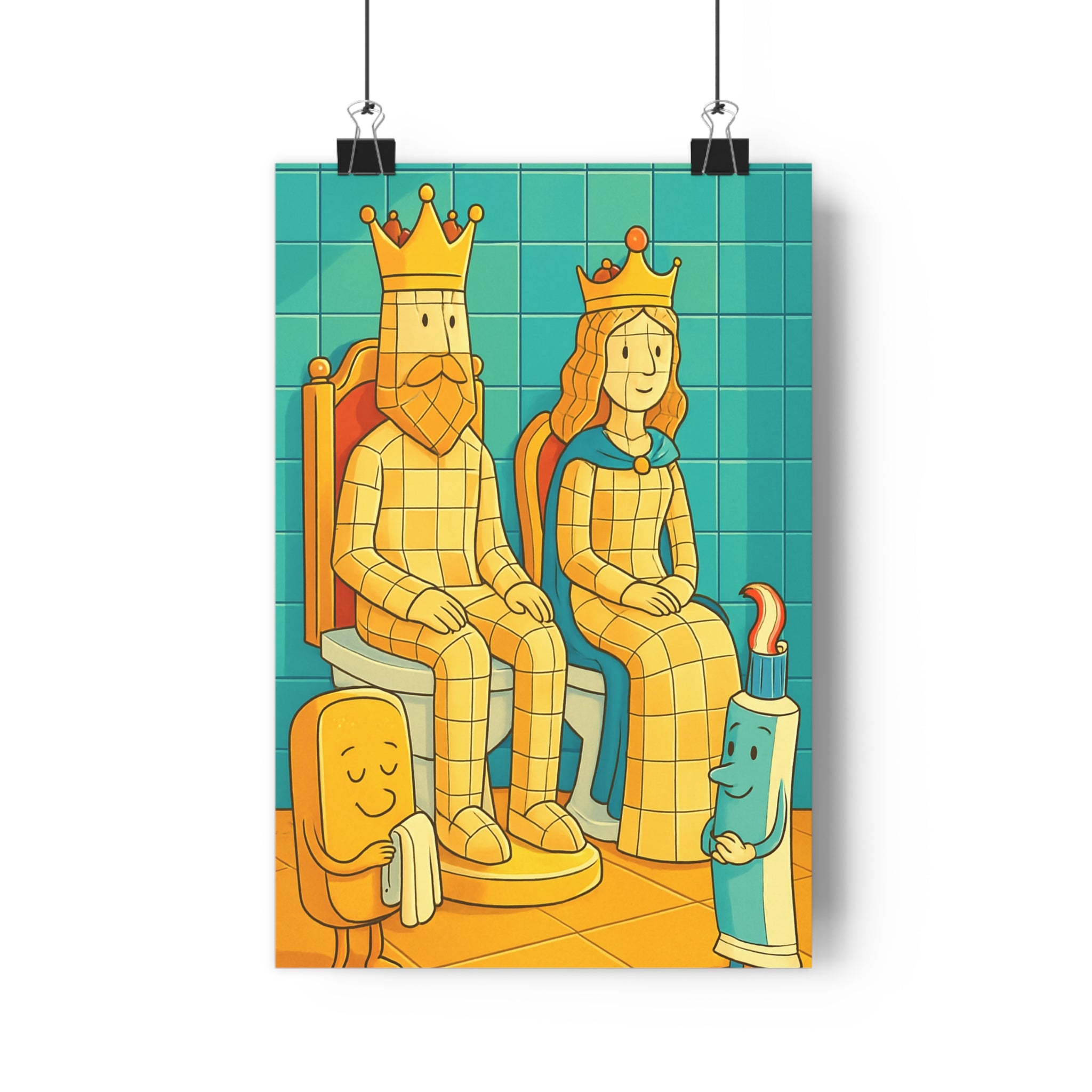 Poster décoratif cartoon bleu jaune ludique toilette roi reine humoristique sophistiqué élégant 30x46cm qualité