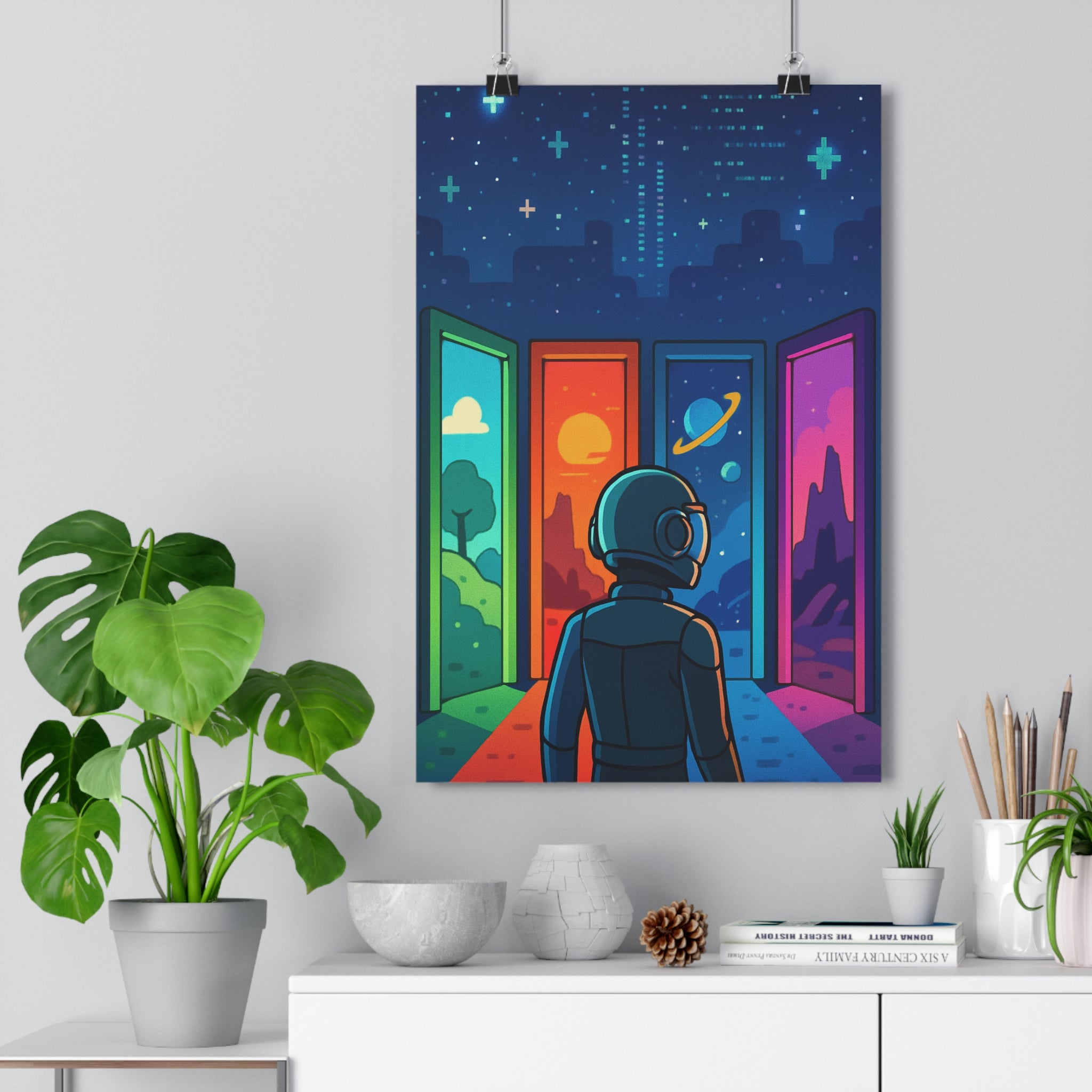 Poster décoratif futuriste vert orange bleu violet mystique aventure mur chambre bureau moderne vibrant