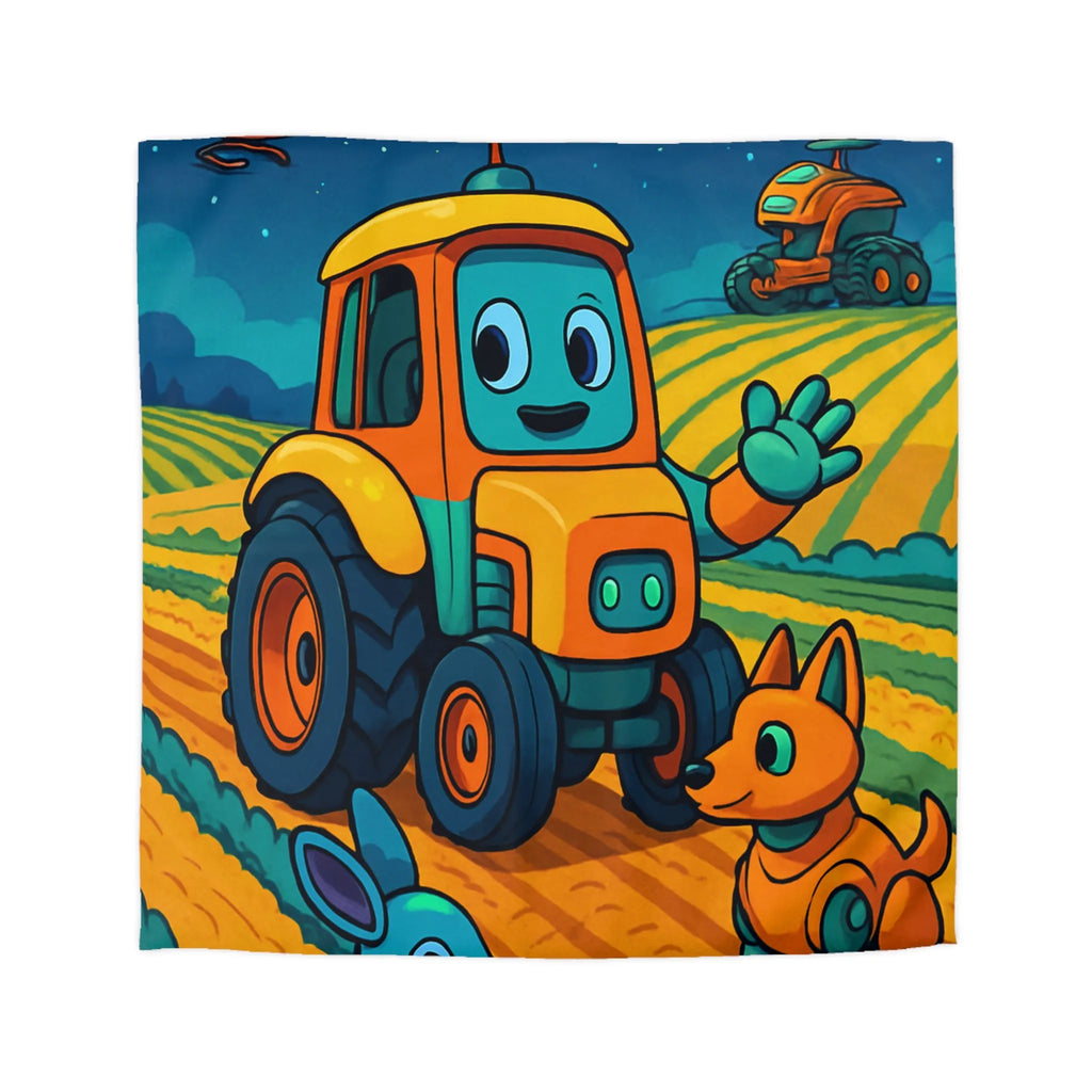 Housse de couette colorée avec tracteur joyeux, robots animaux et scène de ferme nocturne