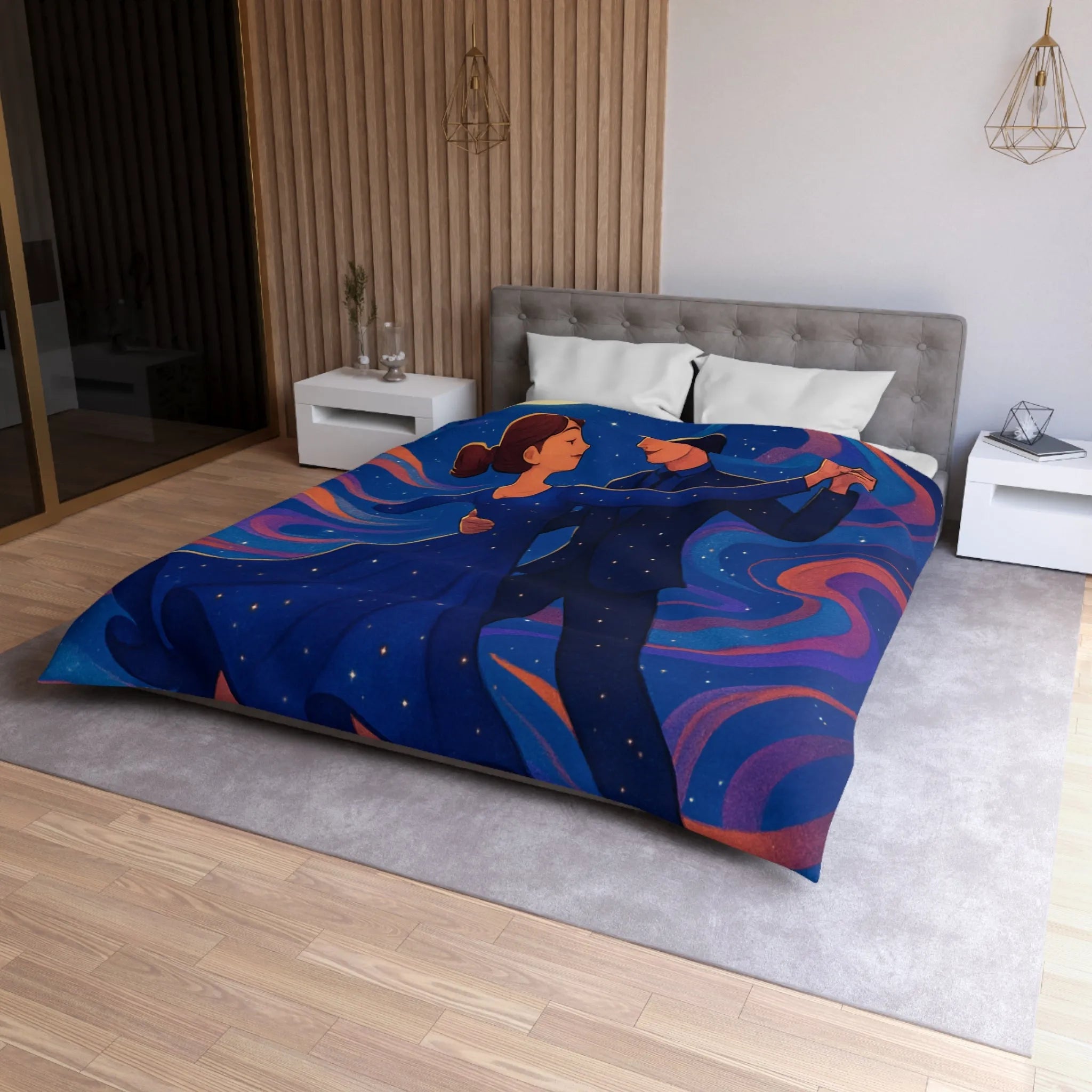 Housse de couette dansante sous la lune avec motif étoilé coloré et romantique