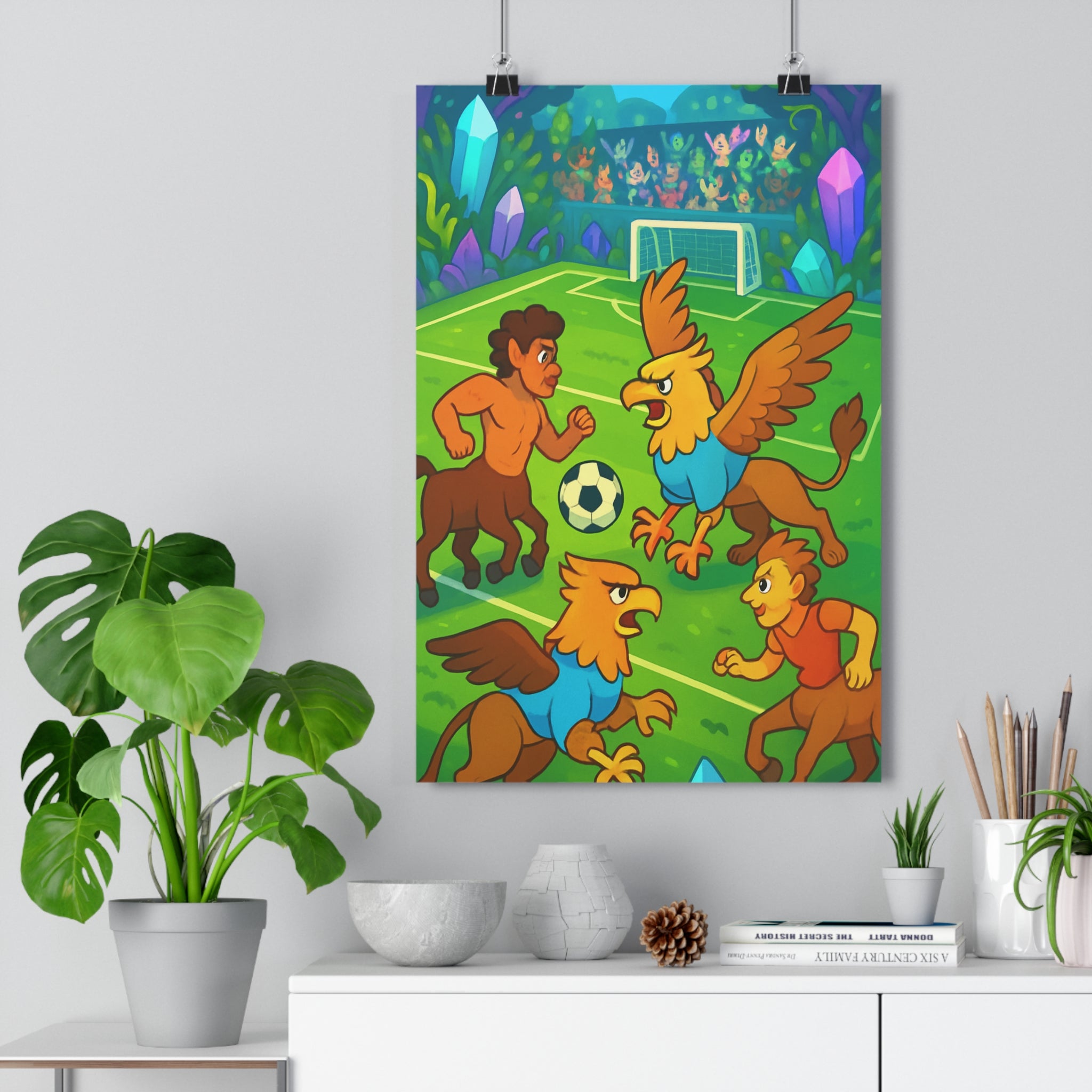 Poster décoratif football fantastique vert cartoon épique créatures mythiques enfant chambre aventure unique vibrante