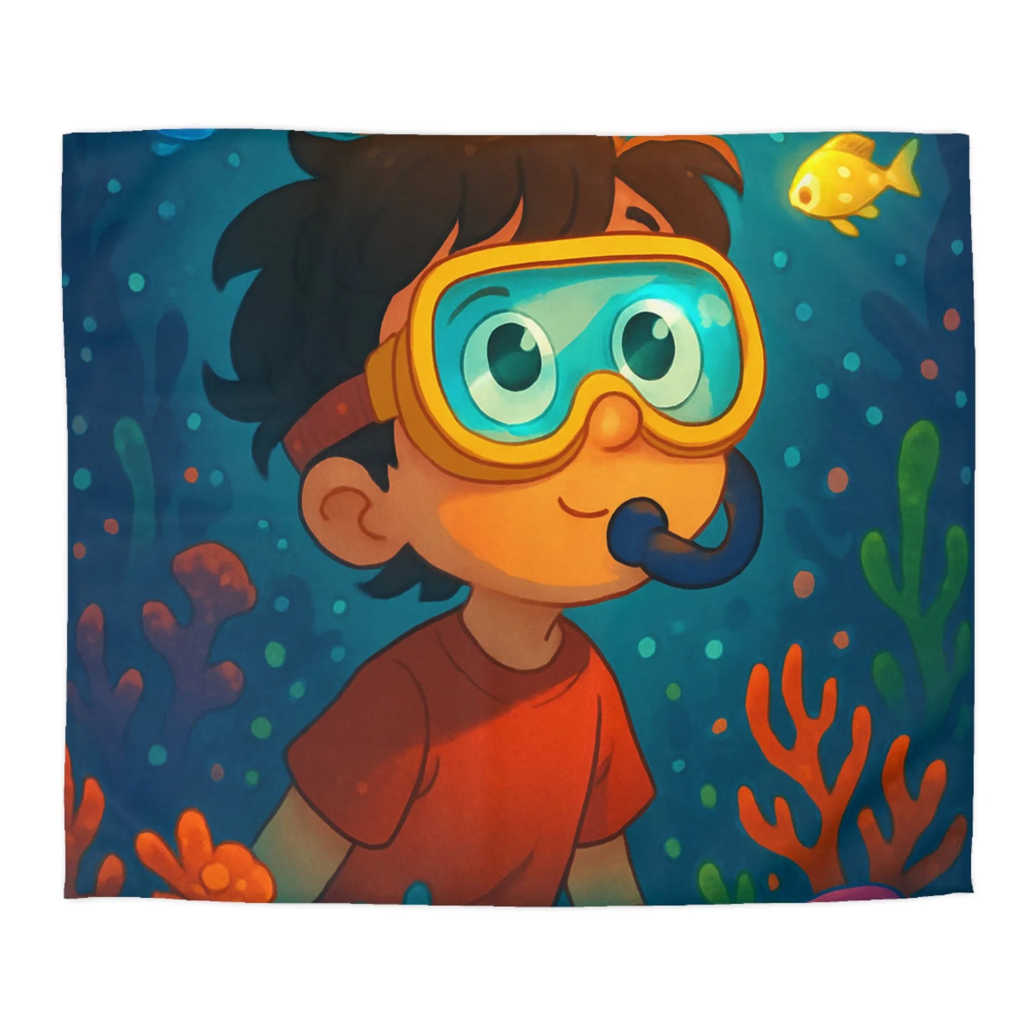 Housse de couette enfantine avec motif sous-marin coloré poisson et garçon plongeur dessiné