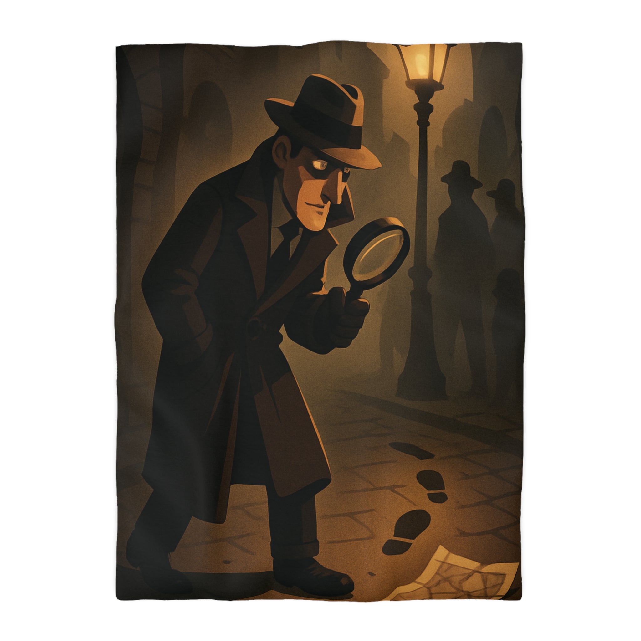 Housse de couette mystérieuse détective sombre rue nocturne silhouette investigation piste intrigante