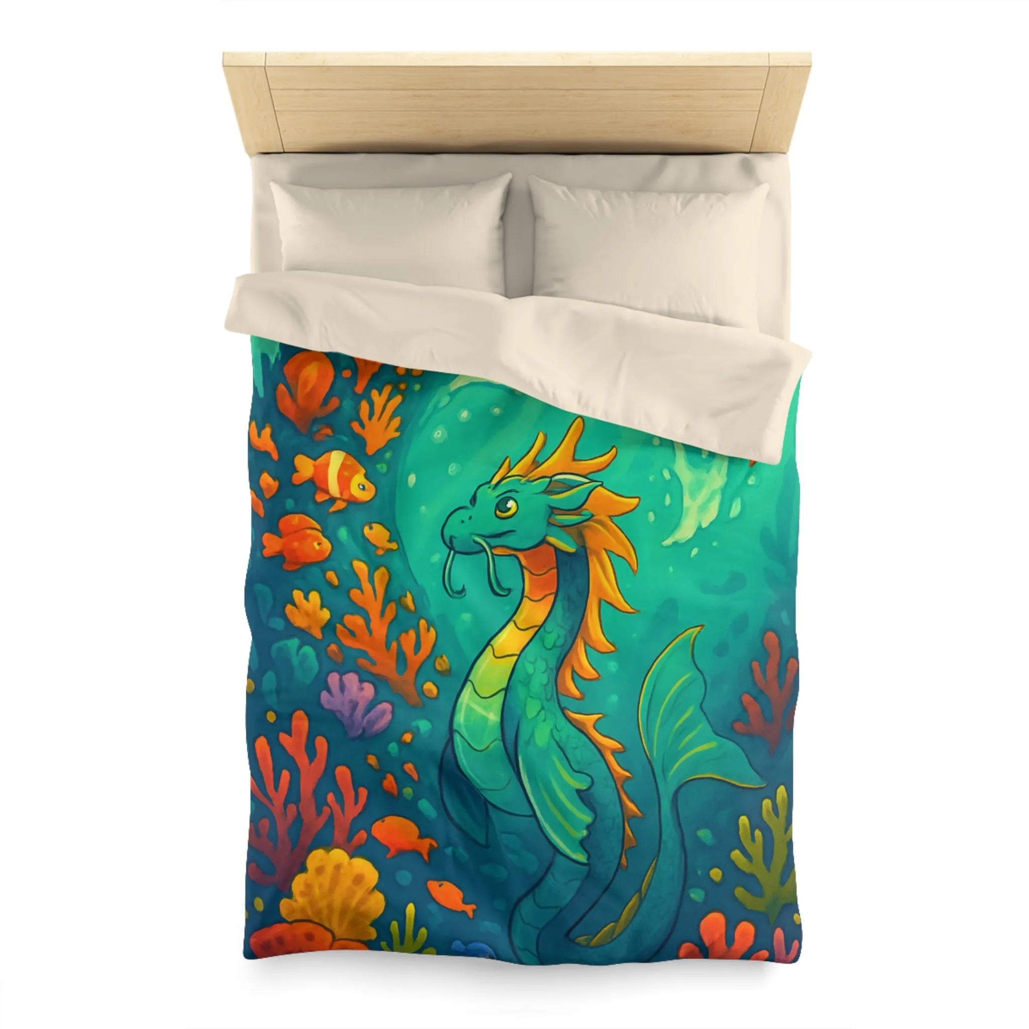 Housse de couette avec dragon marin et poissons dans des eaux colorées vibrantes