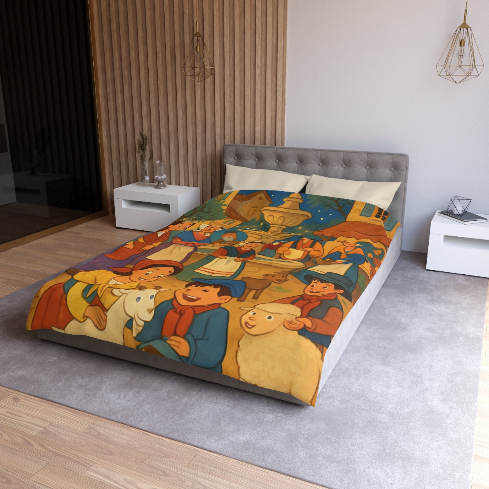 Housse de couette pour enfants avec scène villageoise festive et animaux mignons joyeux