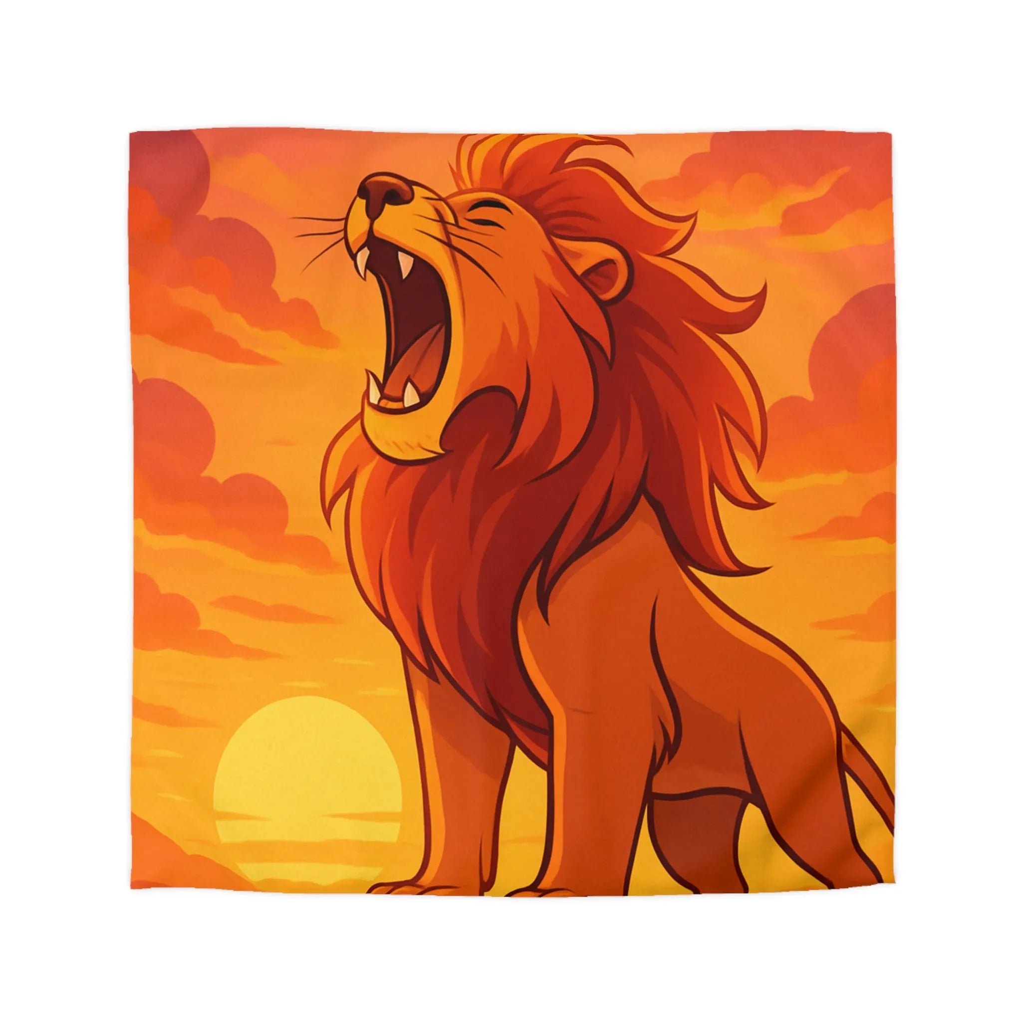 Housse de couette illustrée lion majestueux sur fond de coucher de soleil vibrant