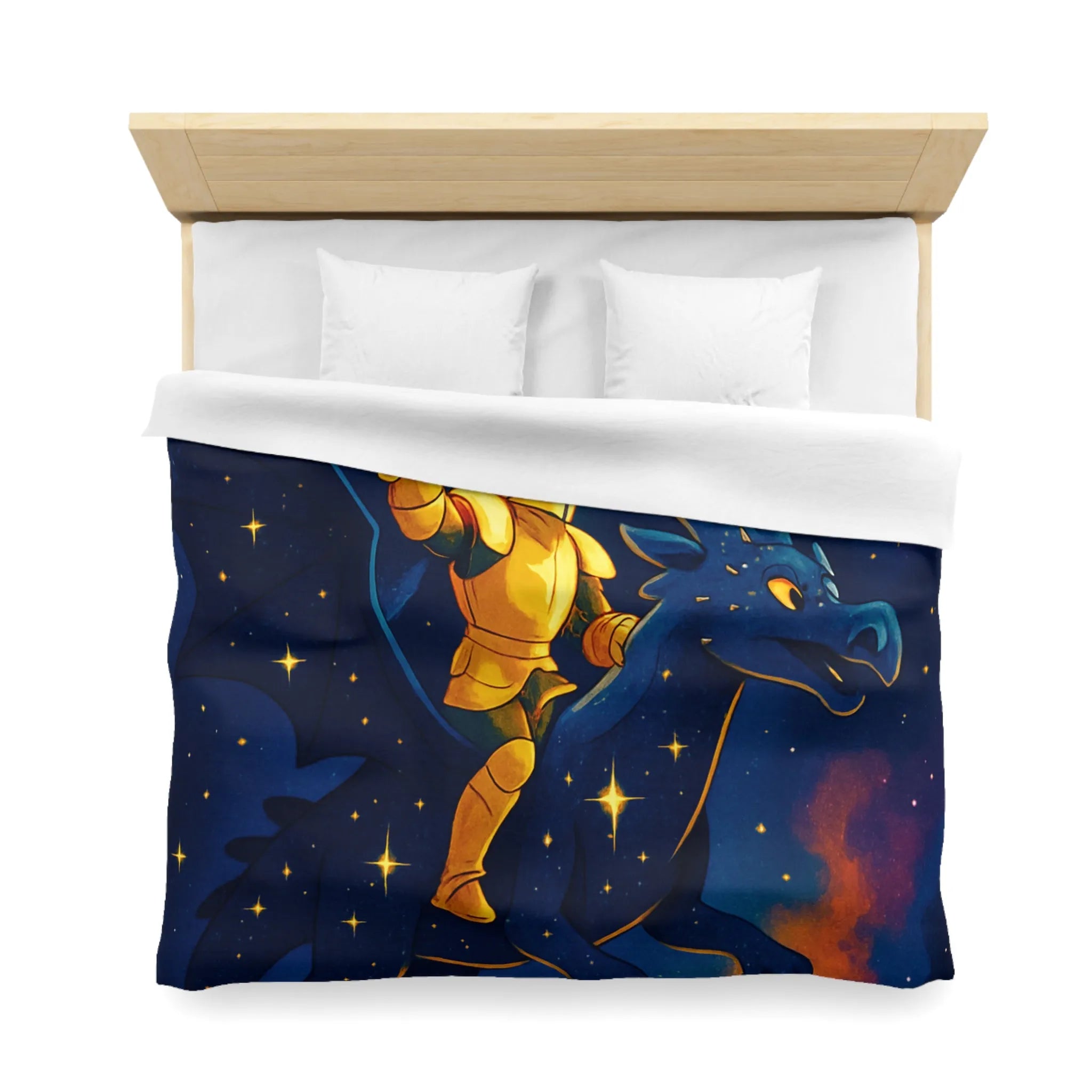Housse de couette avec chevalier et dragon volant sous étoiles et château magique