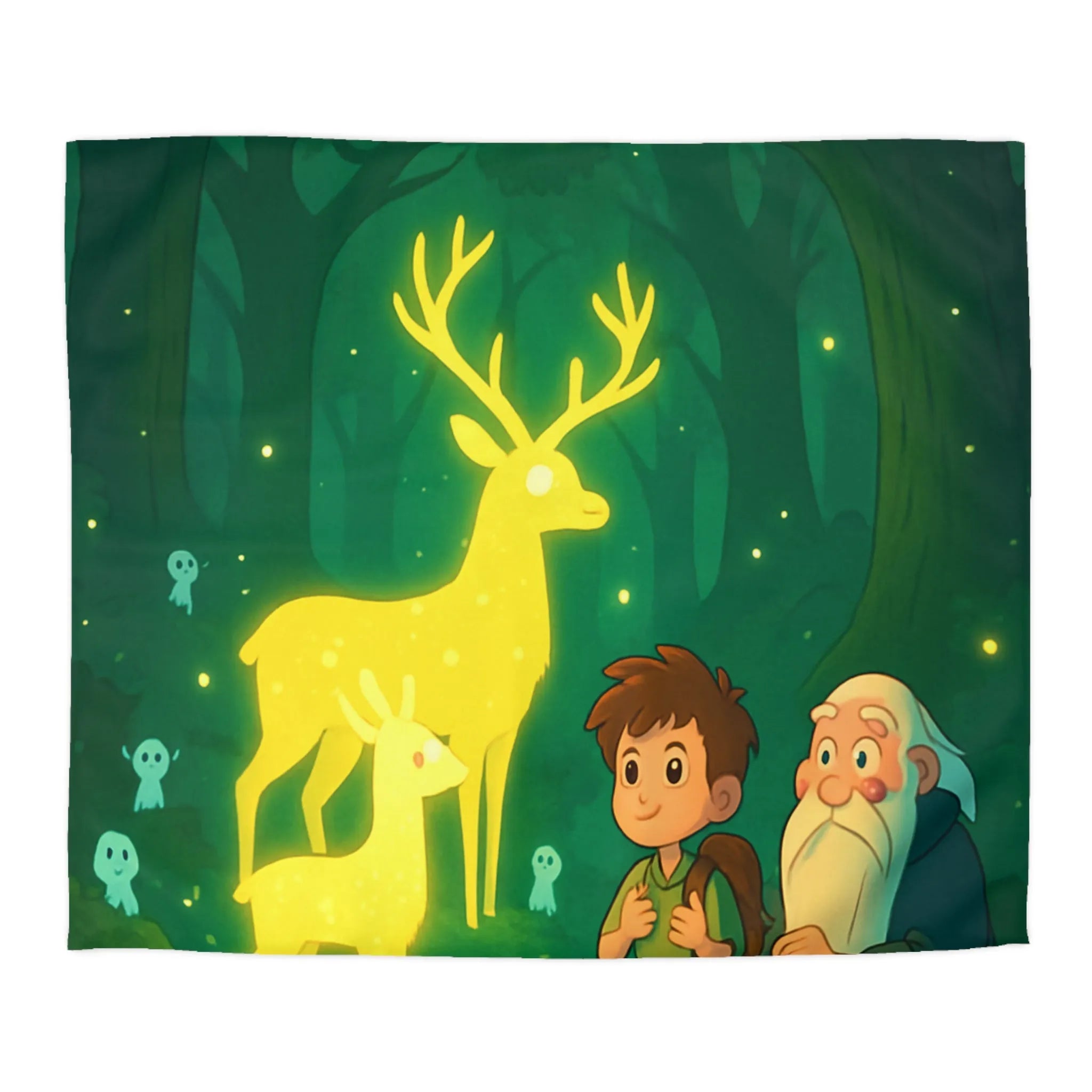 Housse de couette féerique avec cerfs lumineux et personnages dans une forêt enchantée