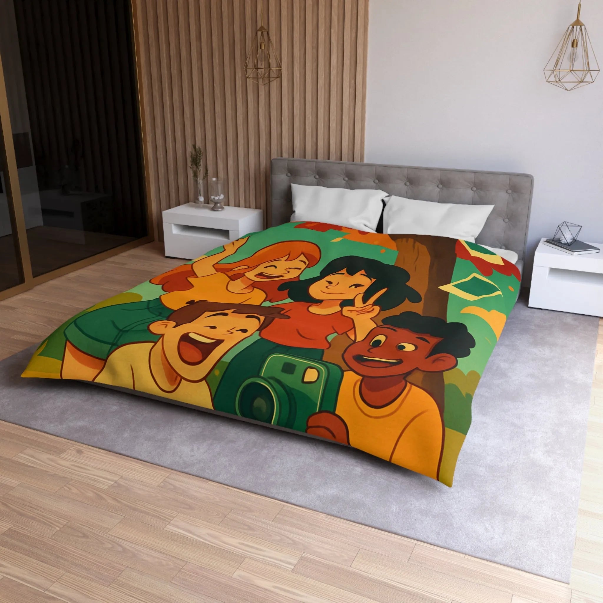 Housse de Couette Enfants Arborant Motif Nature et Joie Automnale Avec Polaroids