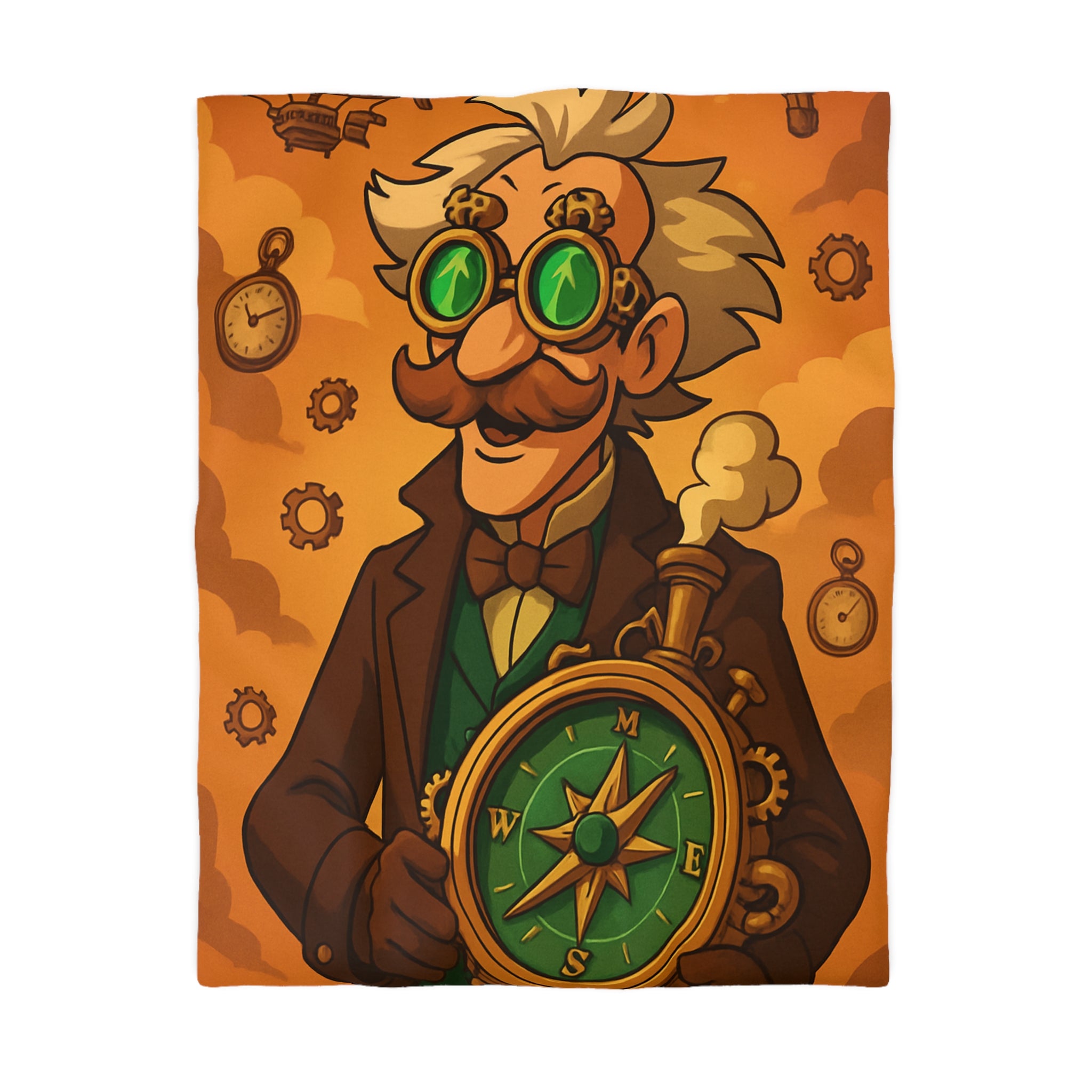 Housse de Couette Steampunk Vintage avec Boussole, Savant et Montgolfières sur Fond Sépia