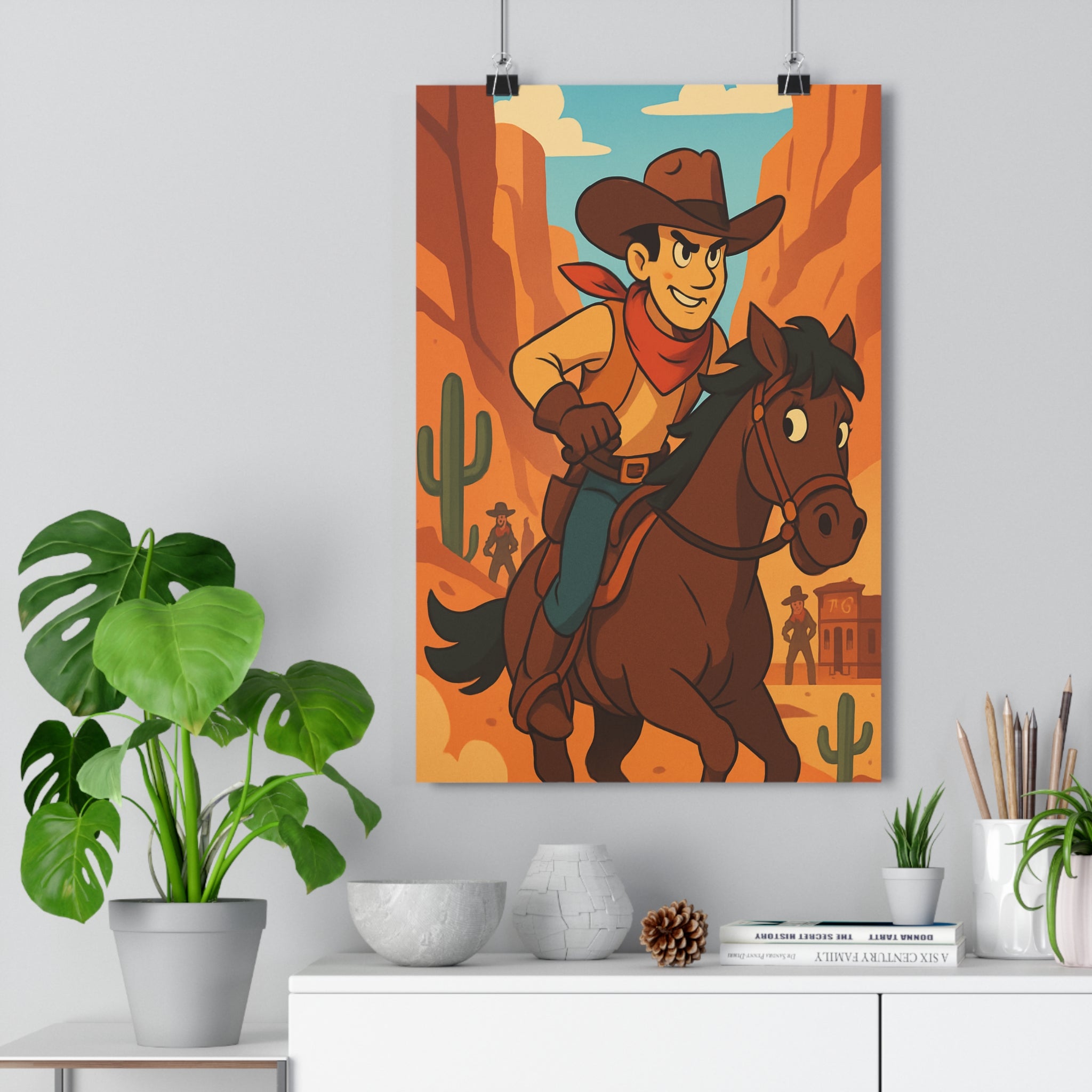 Poster décoratif vintage western cowboy brun cheval aventure salon chambre ambiance rétro désertique dynamique
