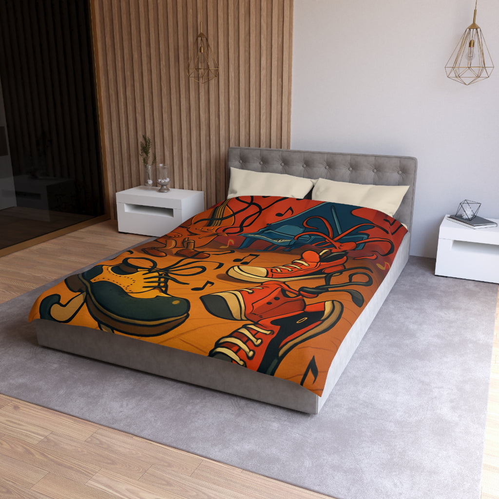 Housse de couette originale et colorée avec des instruments et chaussures dansantes dessin animé