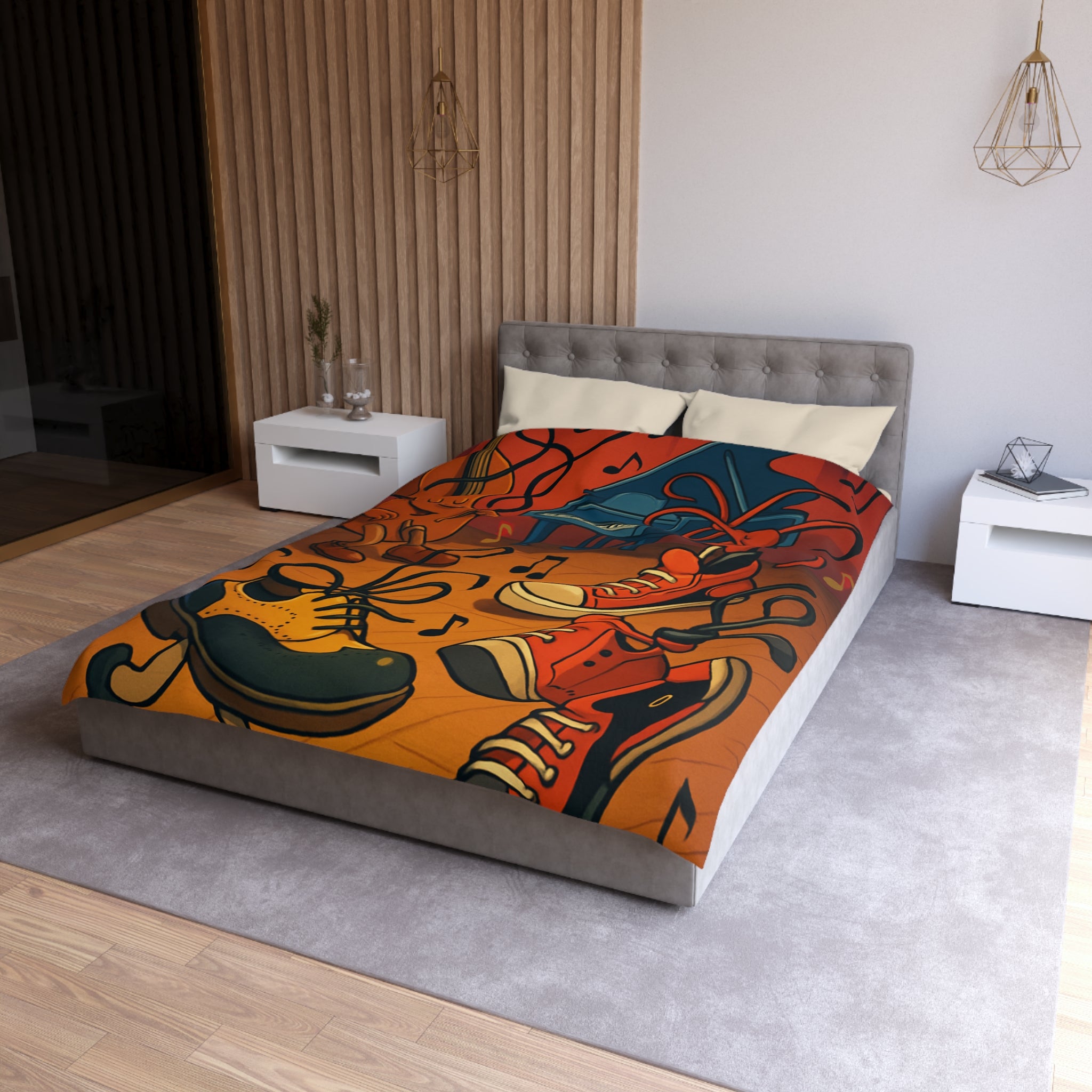 Housse de couette originale et colorée avec des instruments et chaussures dansantes dessin animé