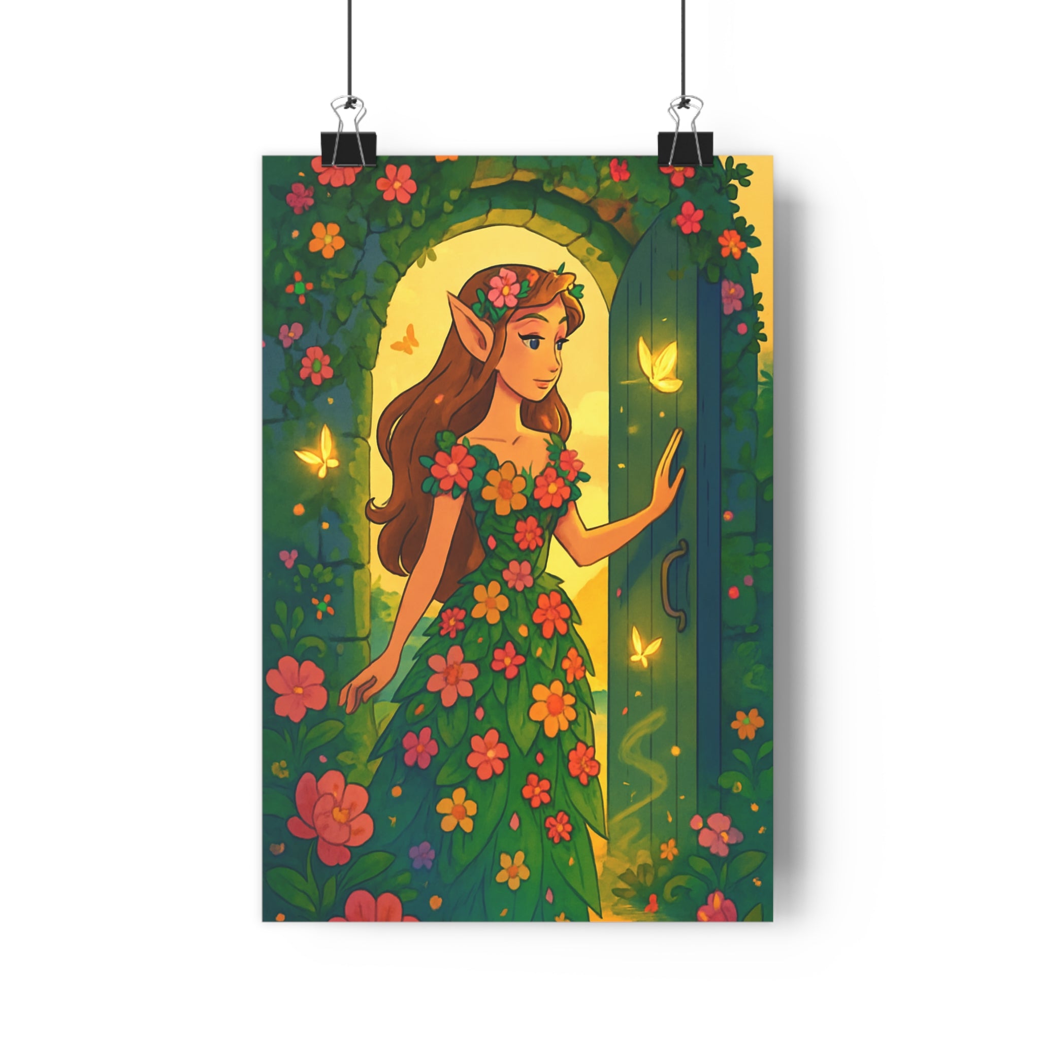 Poster décoratif féérique femme elfique nature magique vert doré salon chambre art mural ambiance
