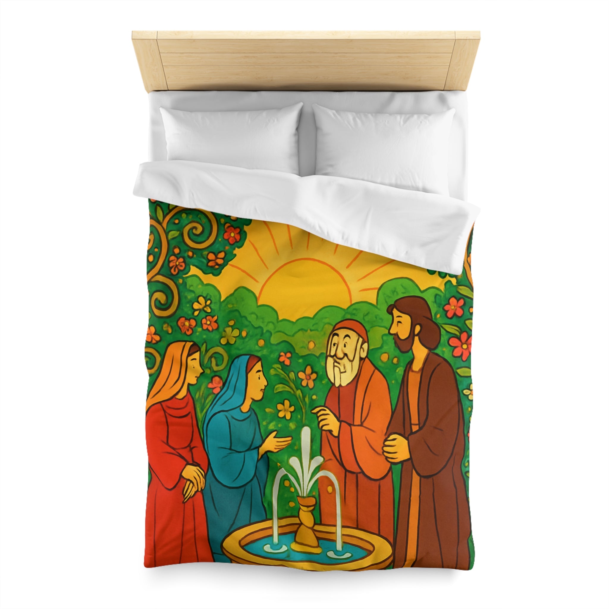 Housse de couette vibrante avec scène florale colorée et figures en discussion harmonieuse