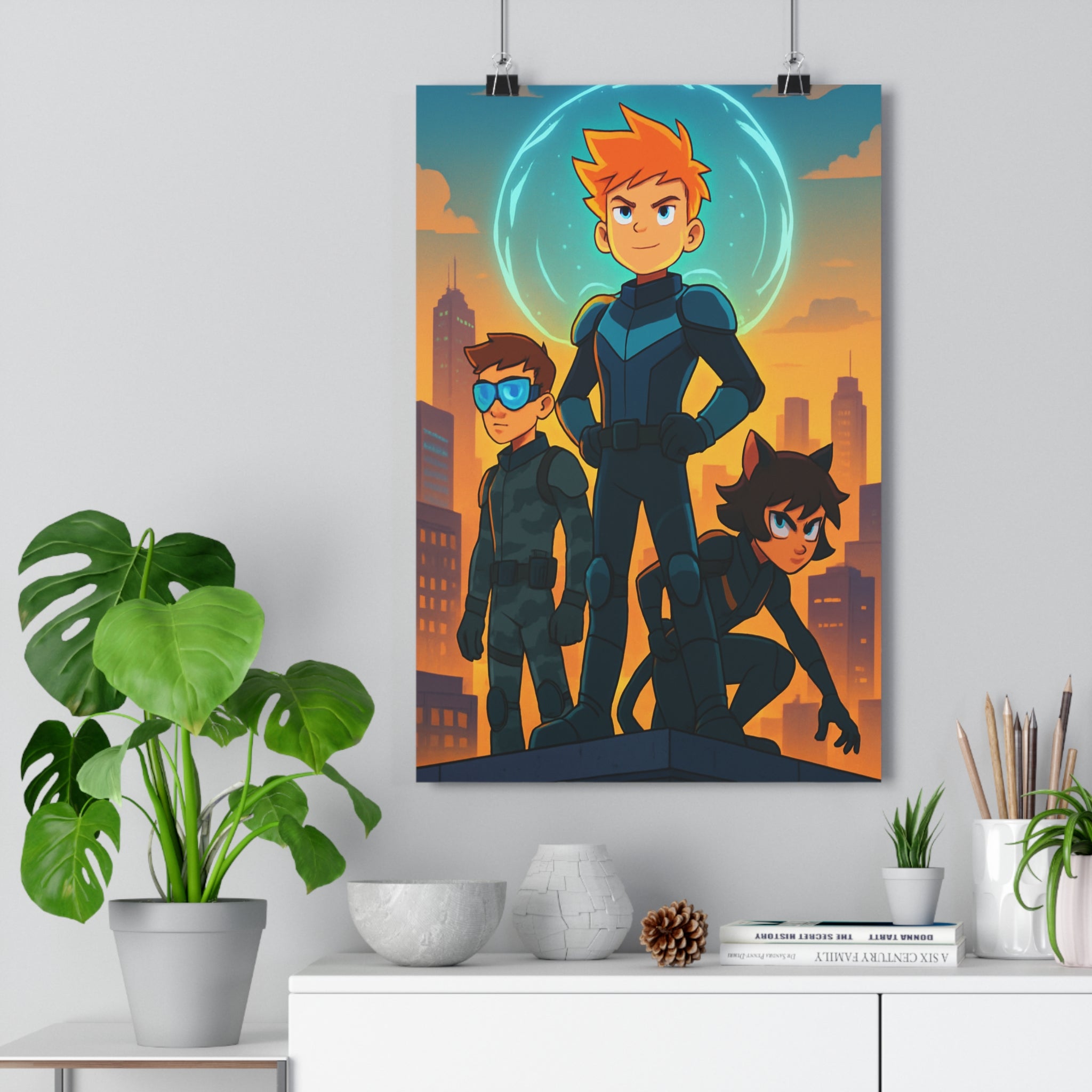 Poster décoratif anime futuriste orange bleu héros urbain aventure chambre salon enfant style unique