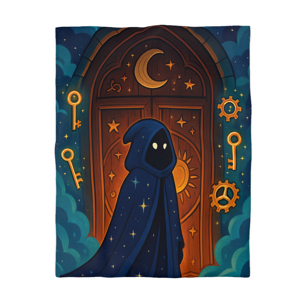 Housse de couette mystique avec capuche étoilée, porte magique et clés dorées