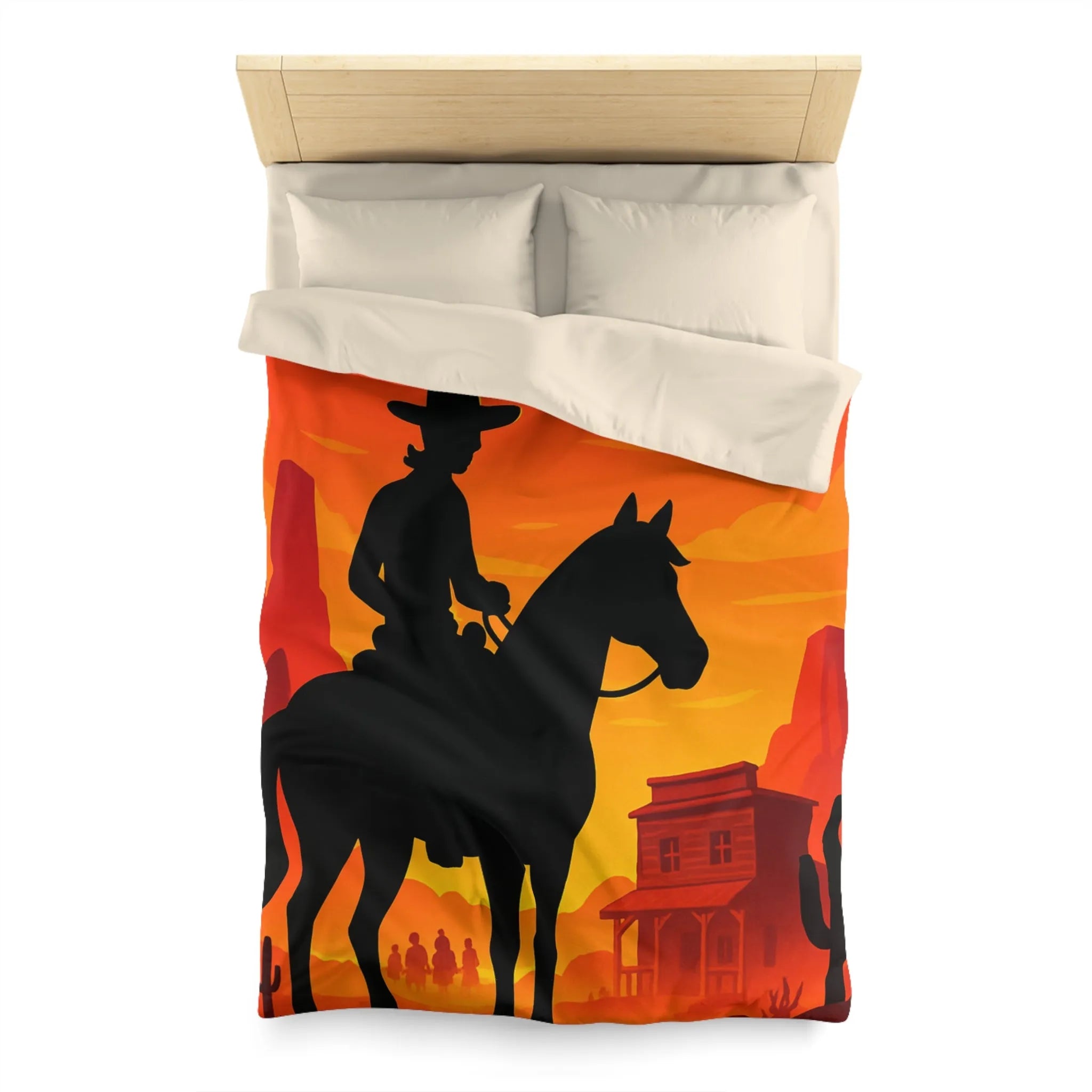 Housse de couette Far West cavalier cheval silhouette coucher de soleil scène désertique