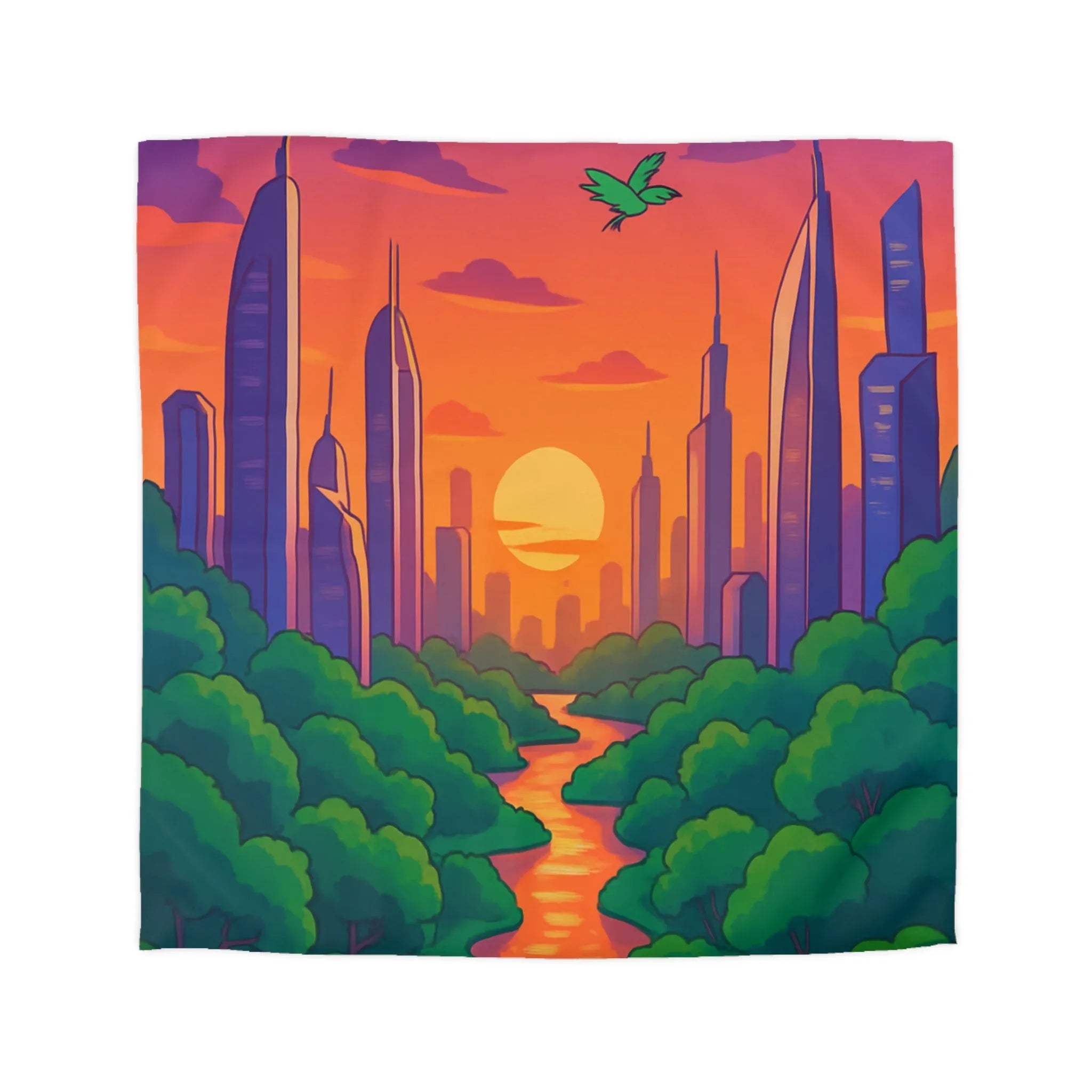 Housse de couette avec illustration urbaine et naturelle au coucher du soleil envoûtant