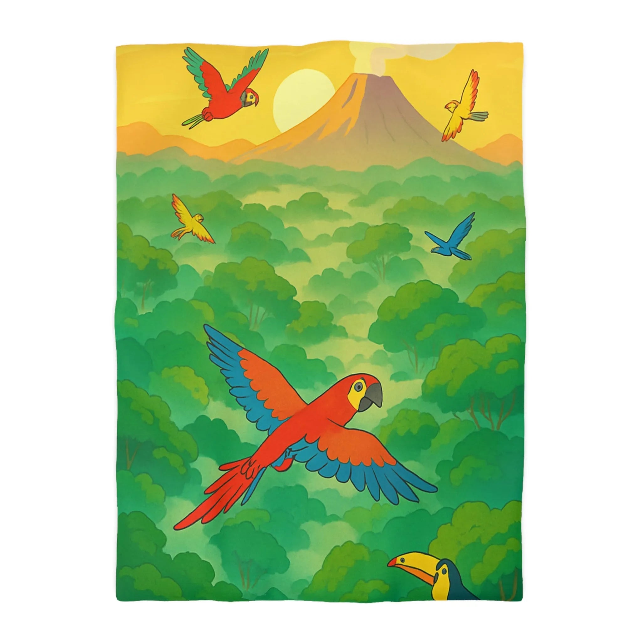 Housse de Couette Colorée Tropicale avec Perroquets et Paysage de Forêt Exotique