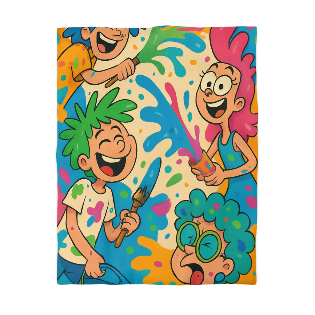 Housse de couette colorée pour enfants avec personnages joyeux et éclaboussures de peinture