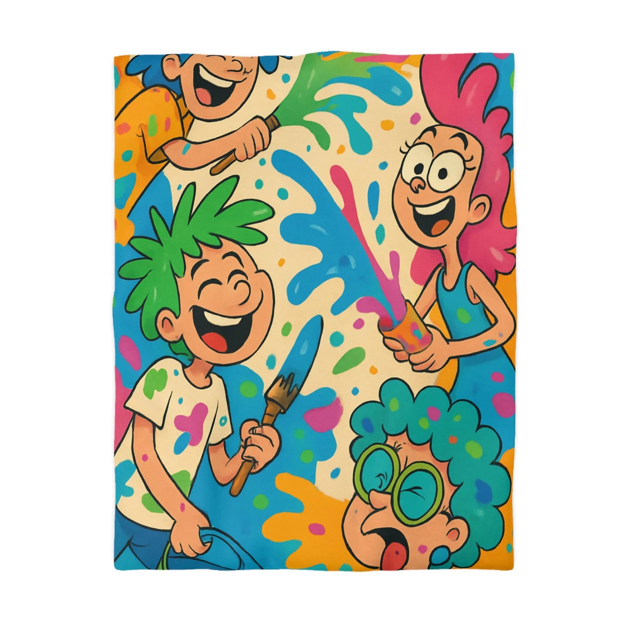 Housse de couette colorée pour enfants avec personnages joyeux et éclaboussures de peinture