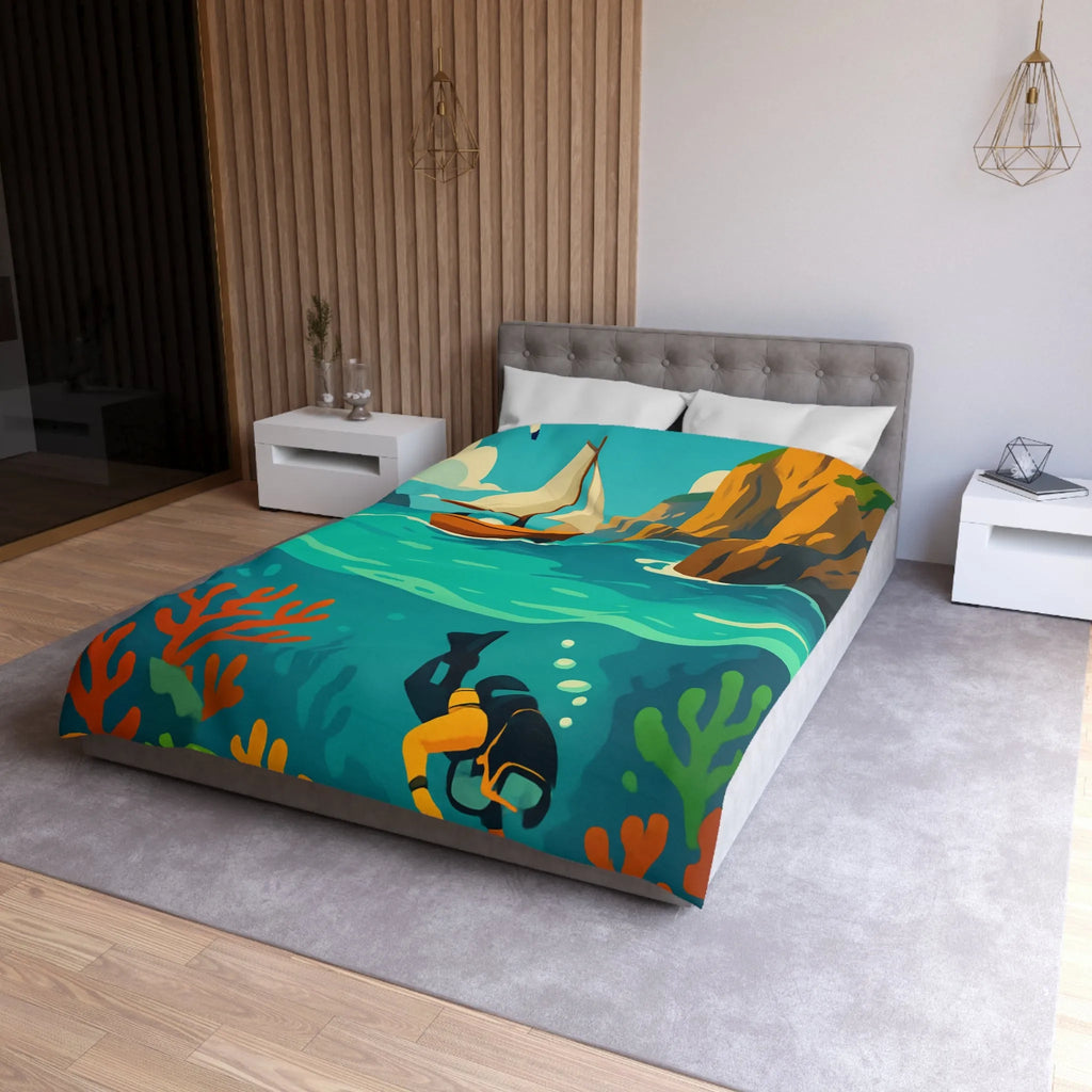 Housse de couette maritime avec plongée, voilier, falaises et récifs colorés