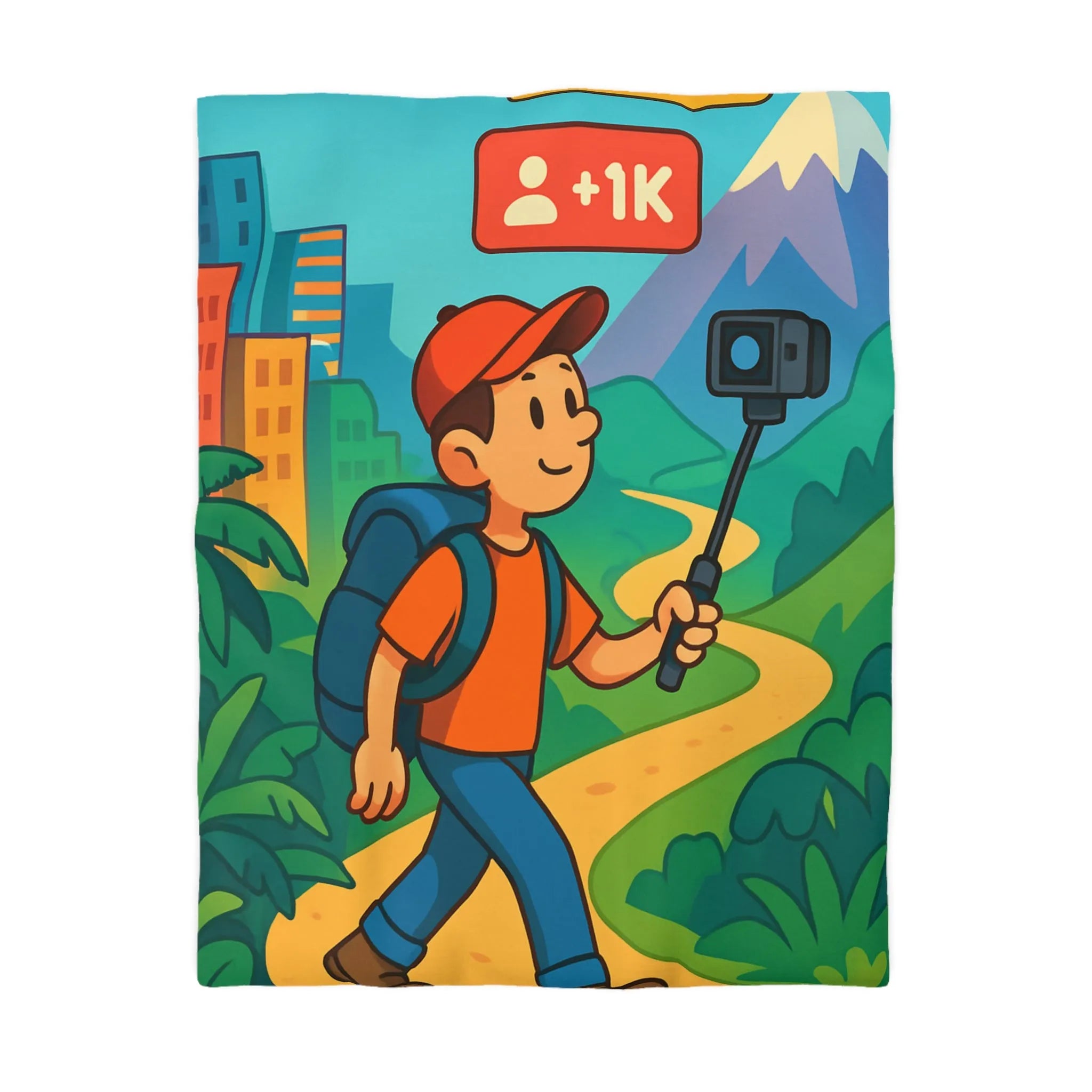 Housse de couette colorée montrant un voyageur joyeux en pleine randonnée montagnarde