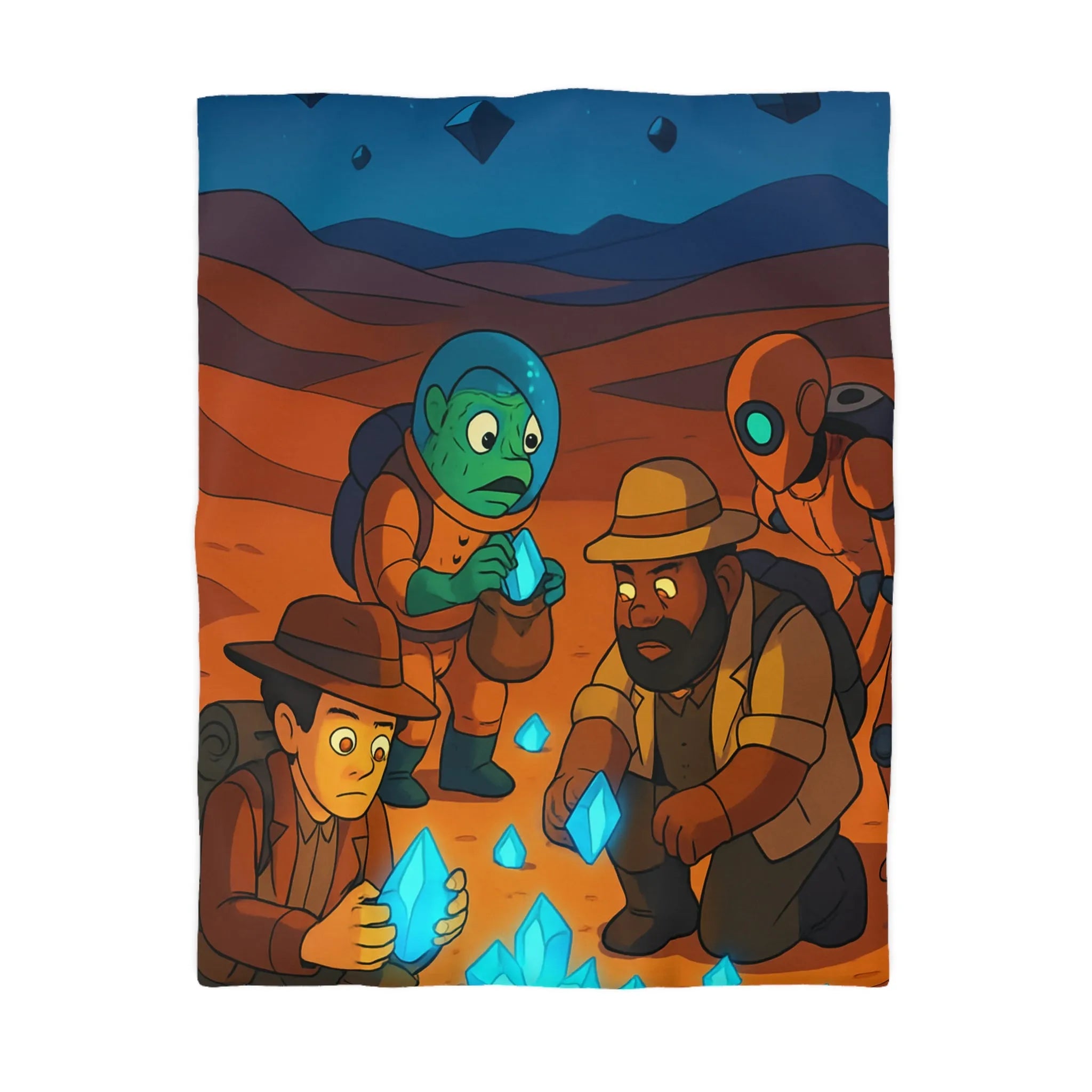 Exploration fascinante de cristaux mystérieux sur une planète désertique avec aventuriers et robot