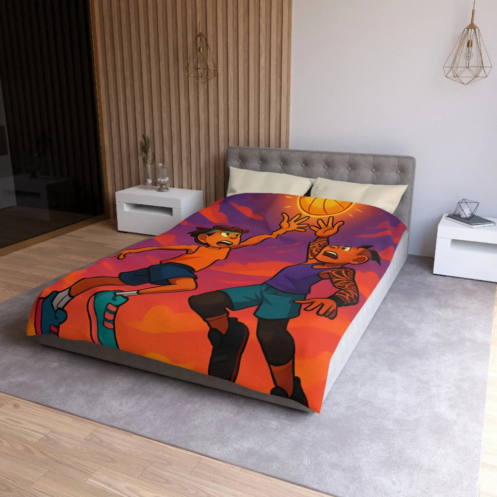 Housse de couette basketball, style dessin animé, coucher de soleil dynamique énergique