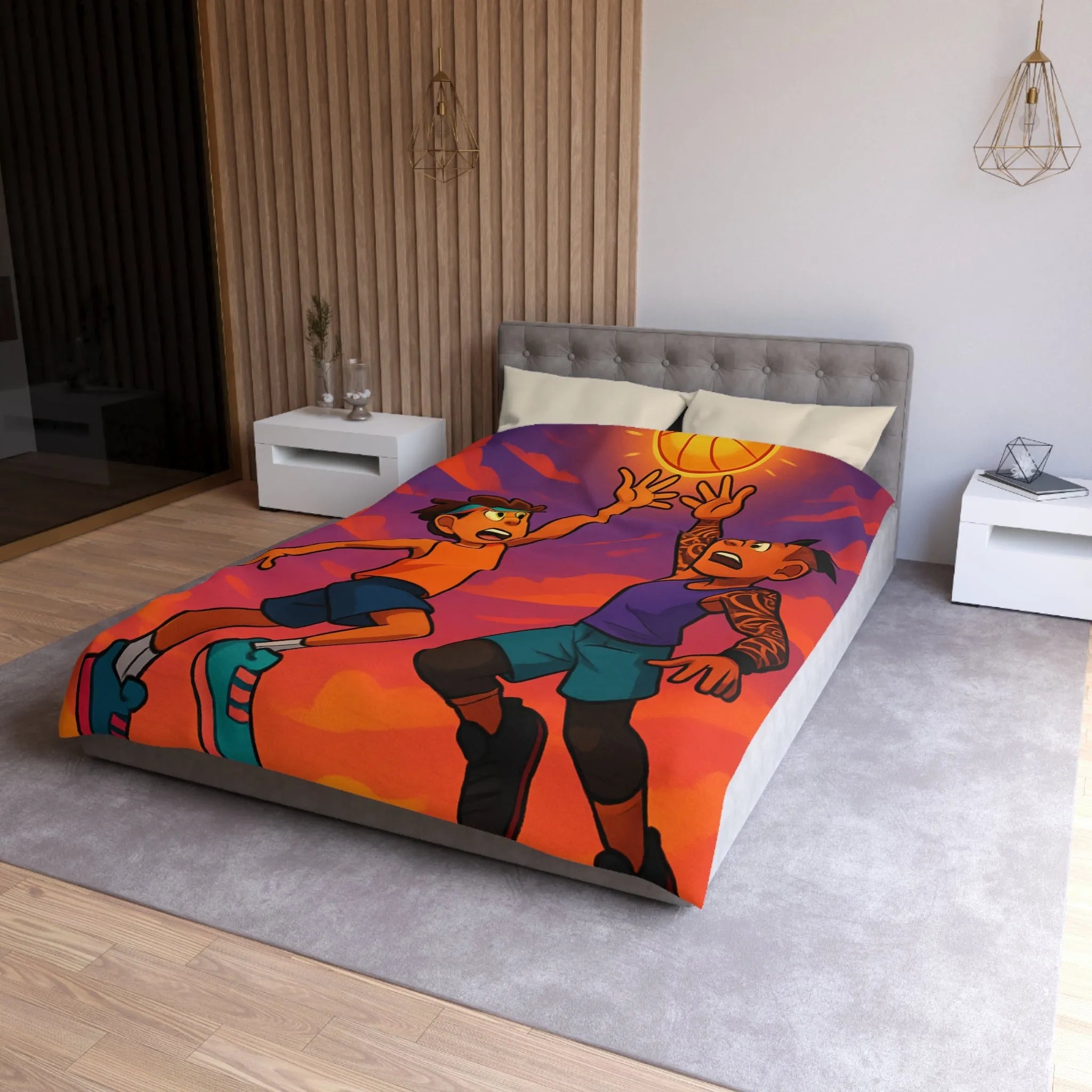 Housse de couette basketball, style dessin animé, coucher de soleil dynamique énergique