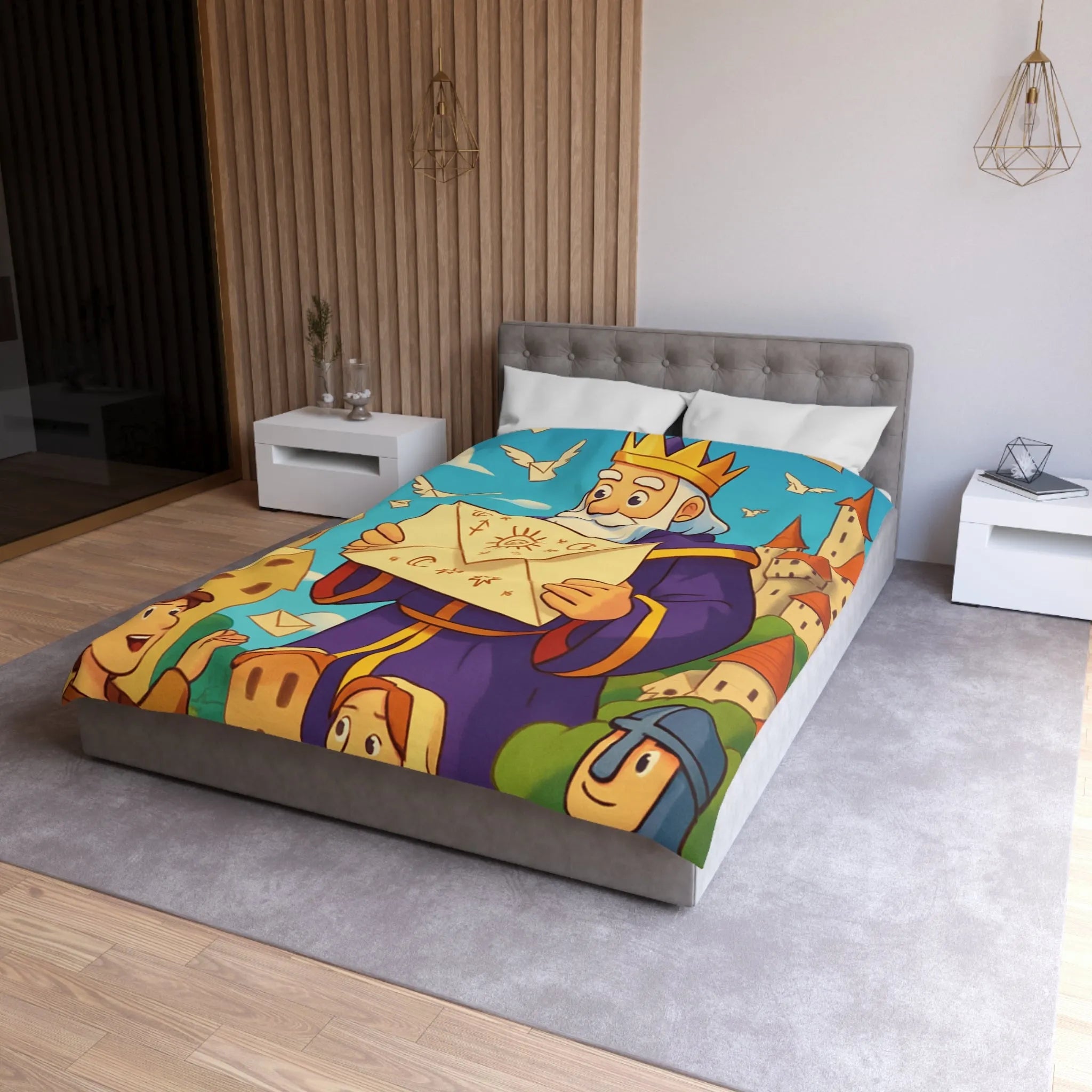 Housse de couette joyeuse avec roi médiéval et château féerique pour enfants