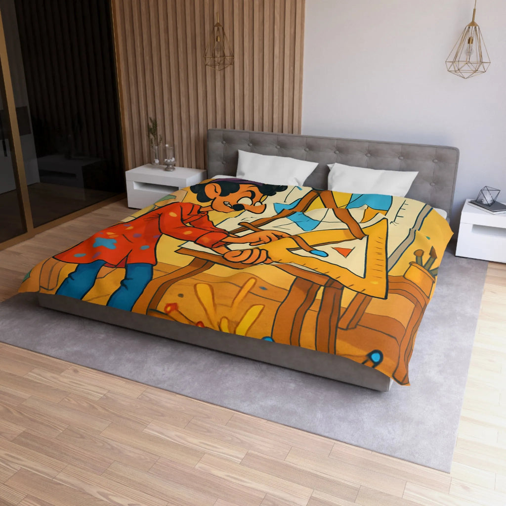 Housse de couette artistique avec motif géométrique et artiste cartoon en atelier coloré