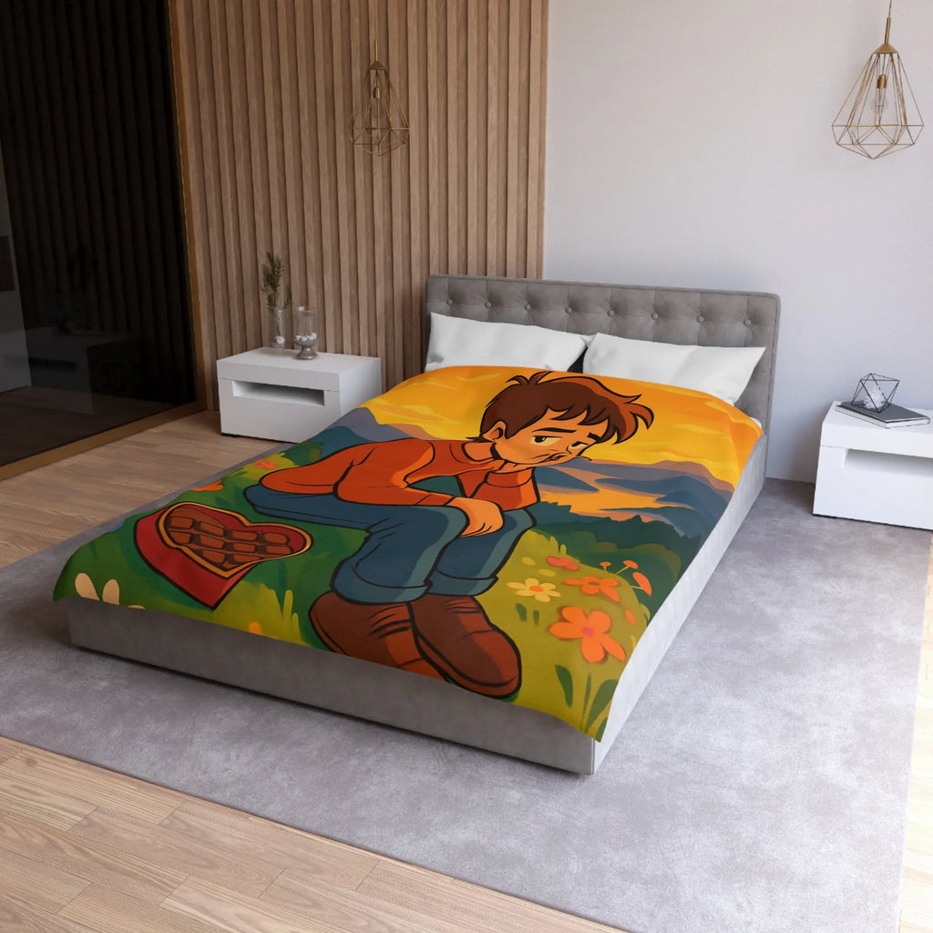 Housse de Couette Illustrée: Paysage Coloré avec Personnage Réfléchi et Coeur en Chocolat