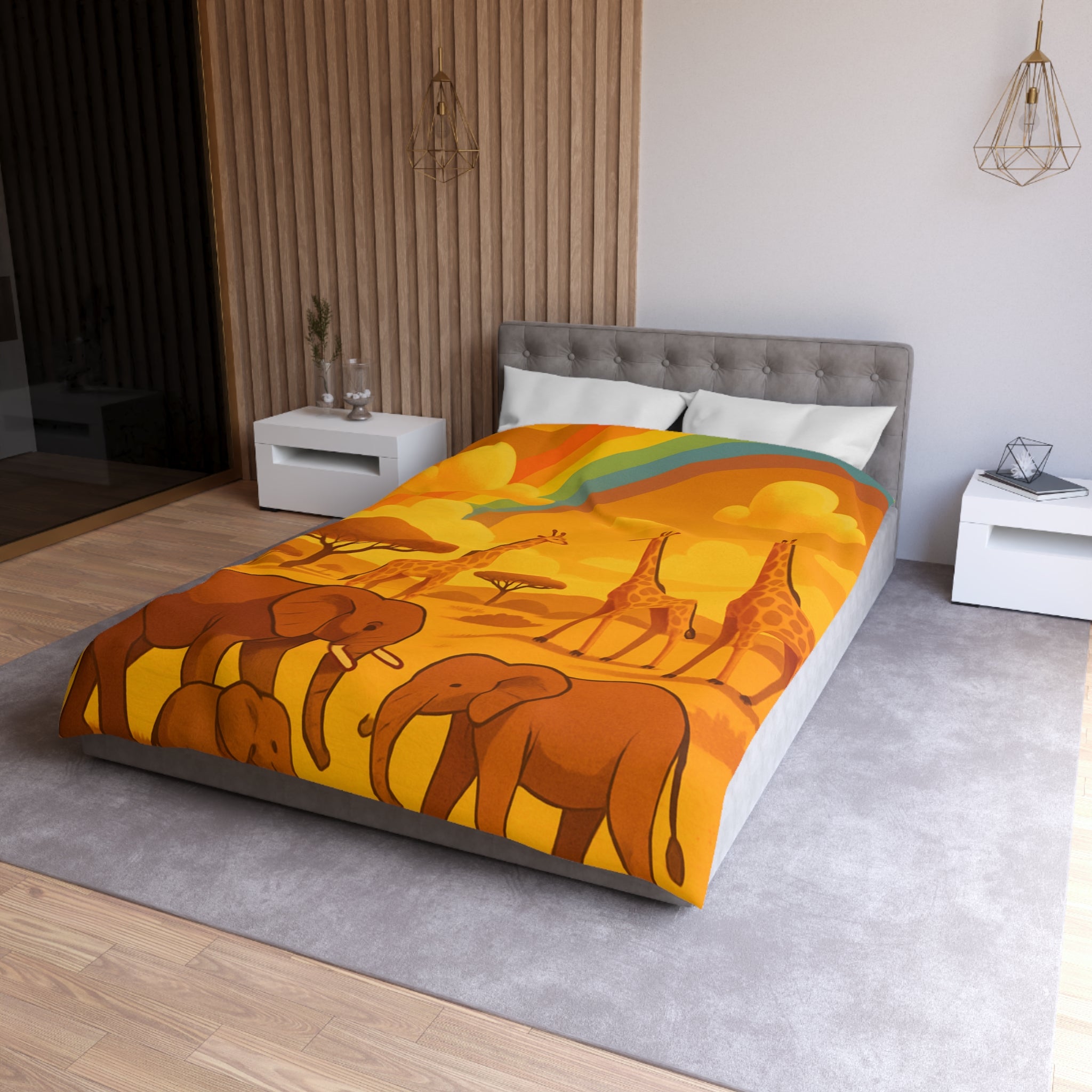 Housse de couette safari enfant avec éléphants, girafes et arc-en-ciel vibrant
