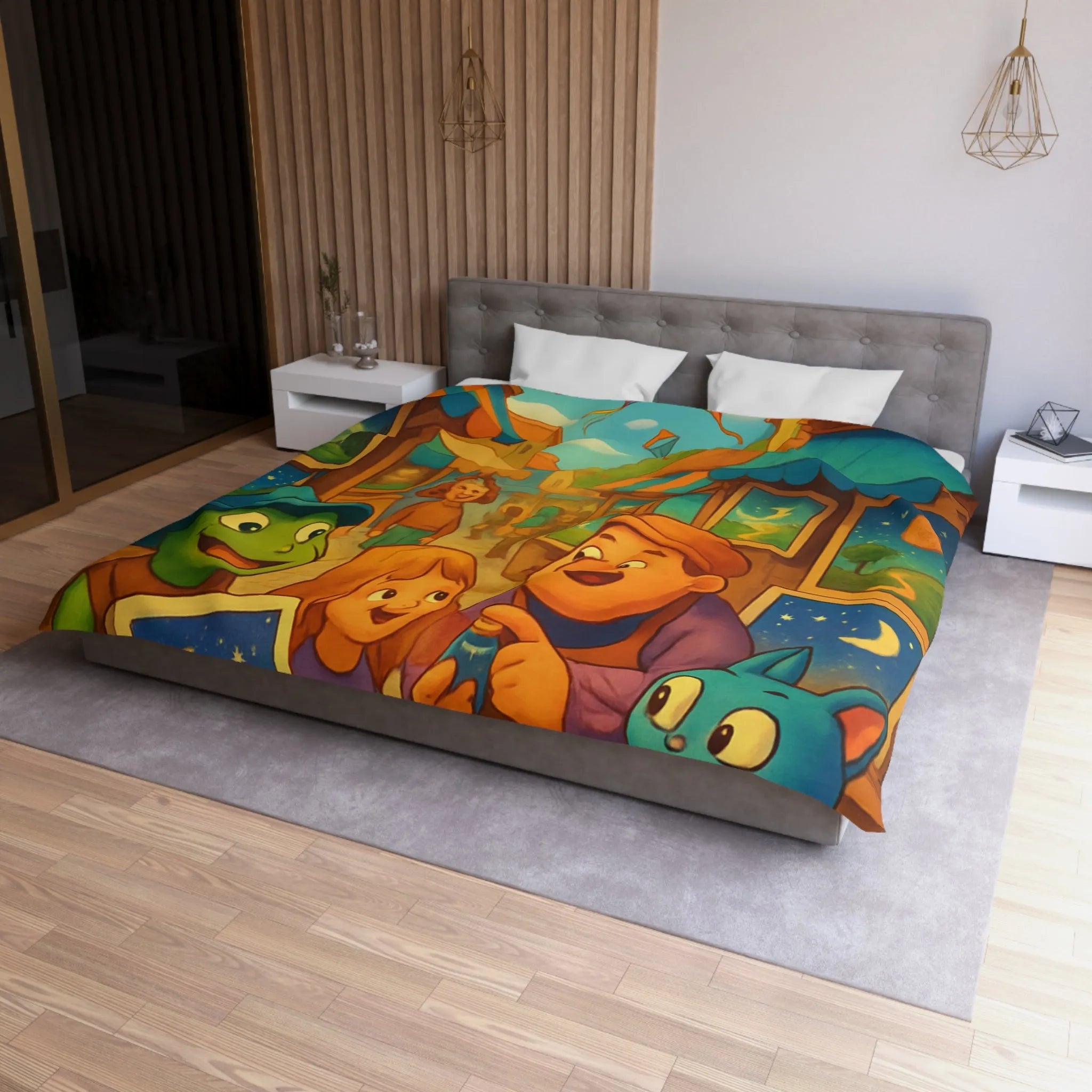 Housse de couette colorée avec scène joyeuse de marché et cerfs-volants artistiques