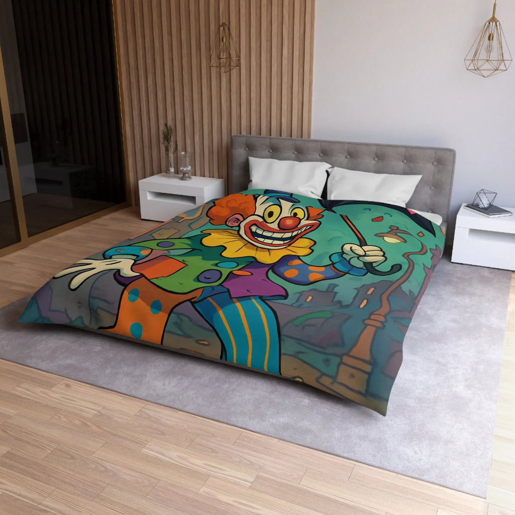 Housse de couette colorée avec clown joyeux et parapluie en pleine ville animée