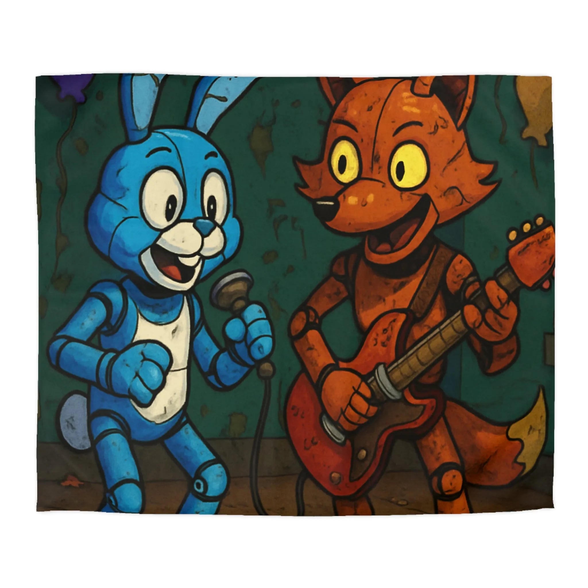 Housse de couette animaux robot bleue et orange sur scène avec décor festif