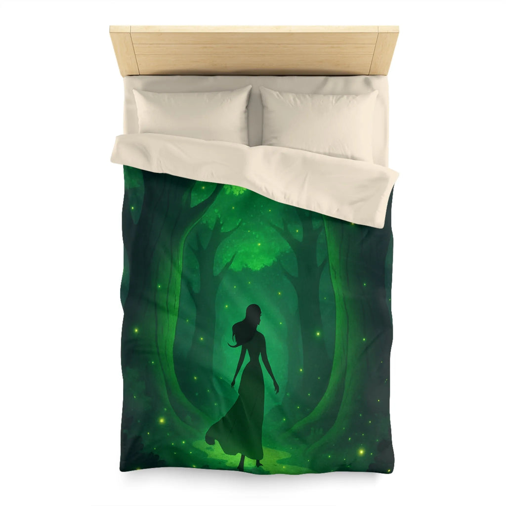 Housse de couette forêt enchantée avec silhouette élégante et lumières scintillantes vertes