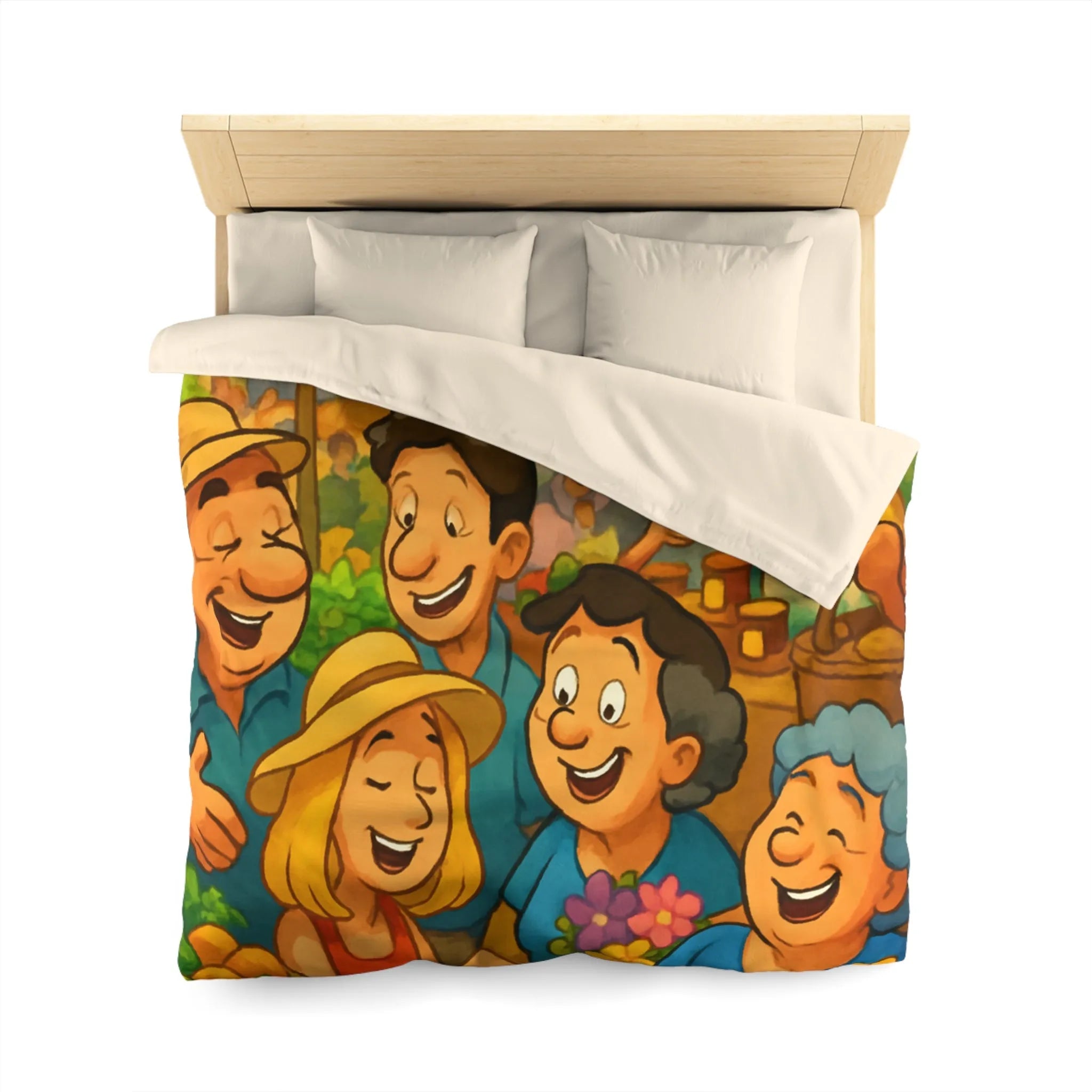 Housse de couette avec illustration joyeuse d'un marché animé et coloré