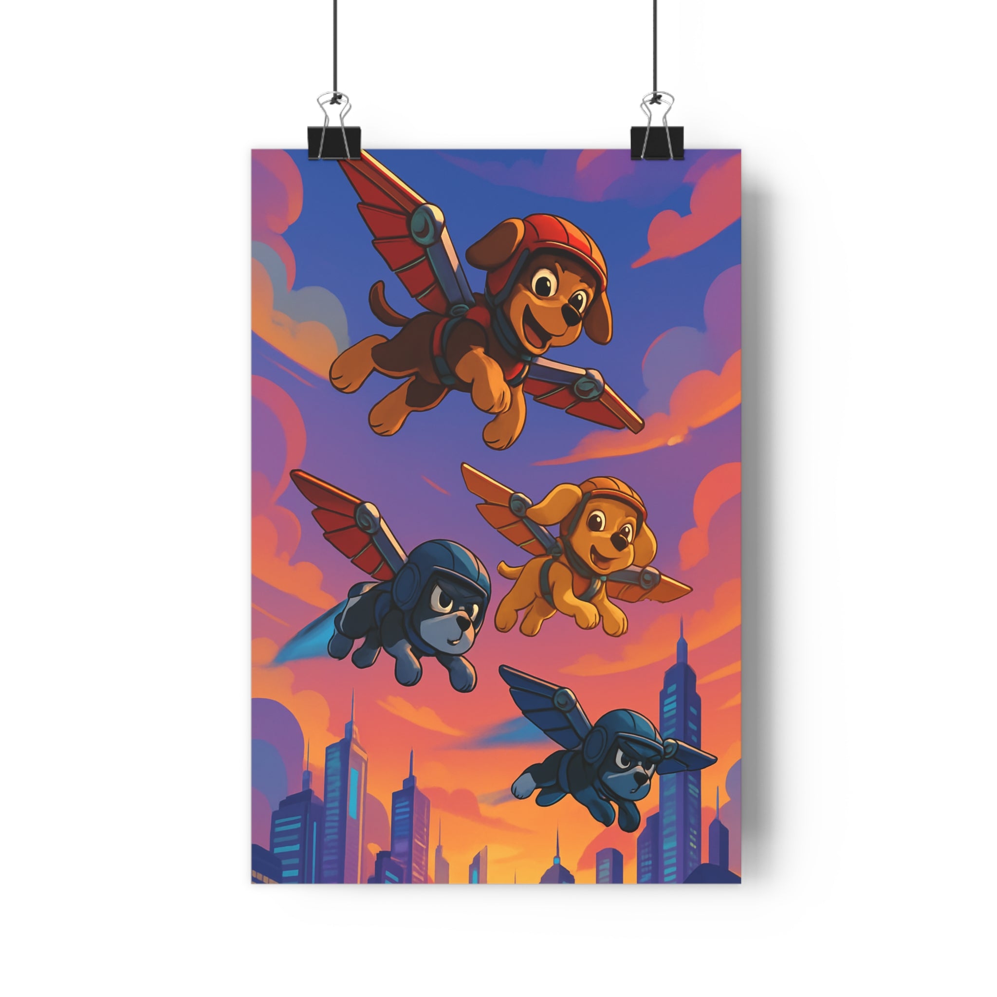 Poster décoratif chiots volants cartoon steampunk orange rose bleu chambre enfant joyeux moderne 30x46
