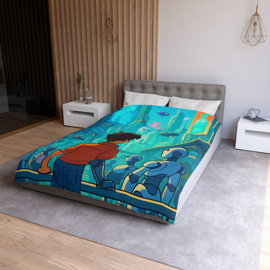 Housse de couette urbaine futuriste avec robots et affiches lumineuses pour chambre moderne