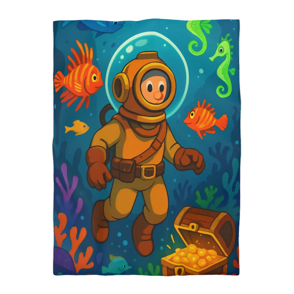 Housse de couette enfant aventure sous-marine avec plongeur et trésor coloré en dessin animé