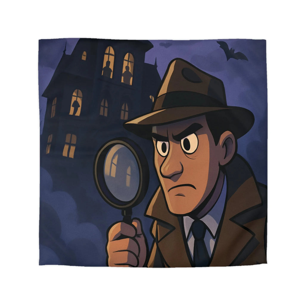 Housse de couette avec détective en enquête devant un manoir hanté mystérieux