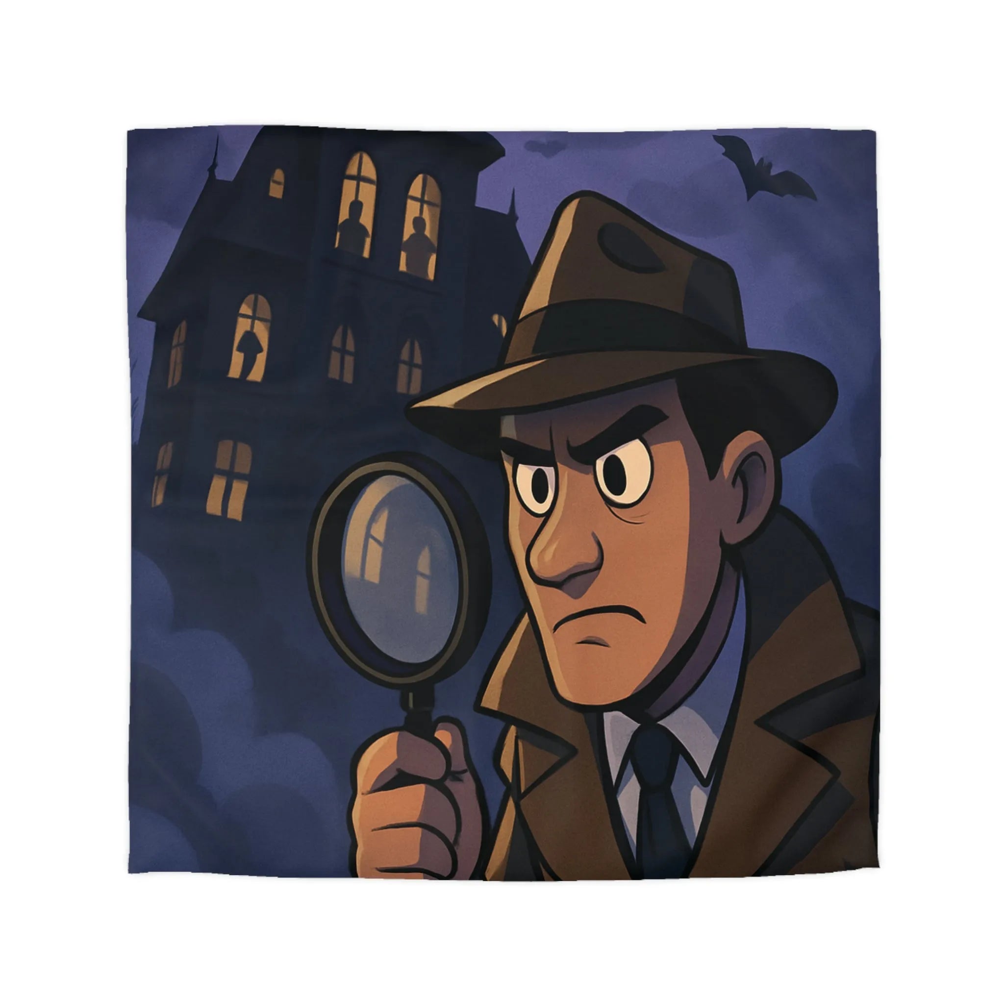 Housse de couette avec détective en enquête devant un manoir hanté mystérieux