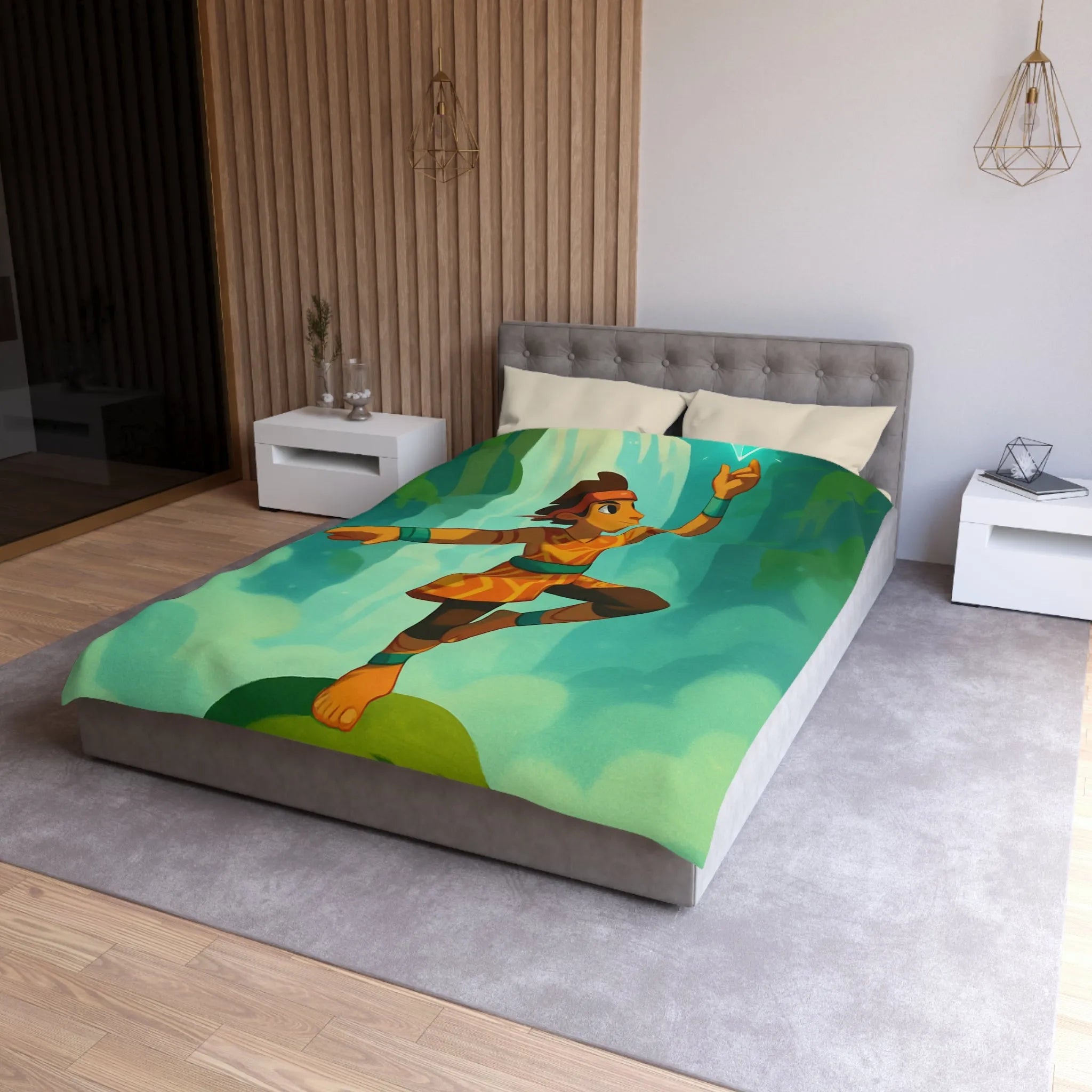 Housse de couette avec motif aventureux illustrant cascade et cristal lumineux vibrant