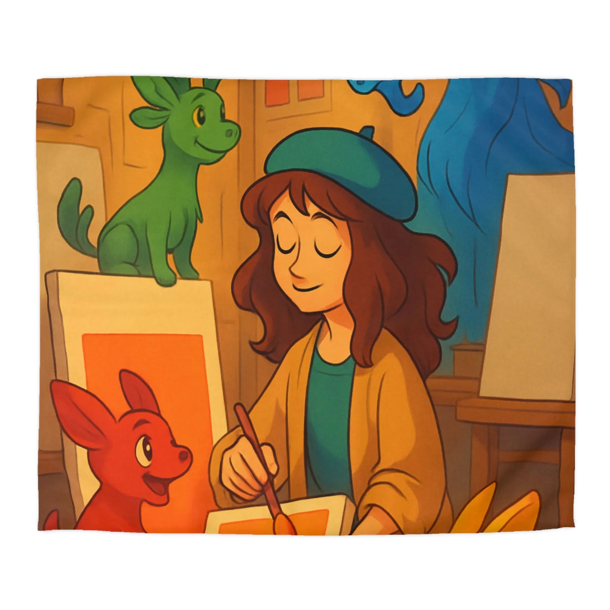 Housse de couette colorée avec artiste et animaux en studio d'art lumineux