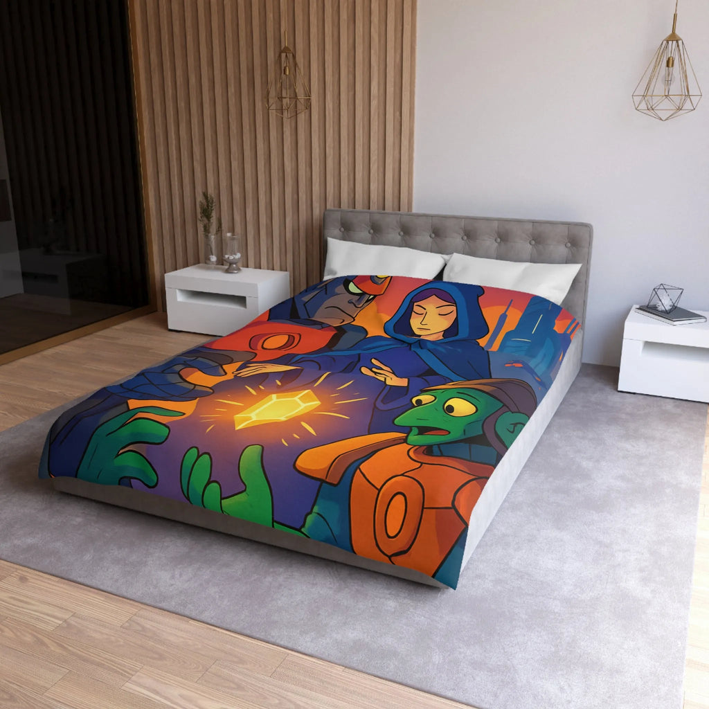 Housse de couette colorée avec illustration futuriste d'artefact mystérieux et personnages intrigants