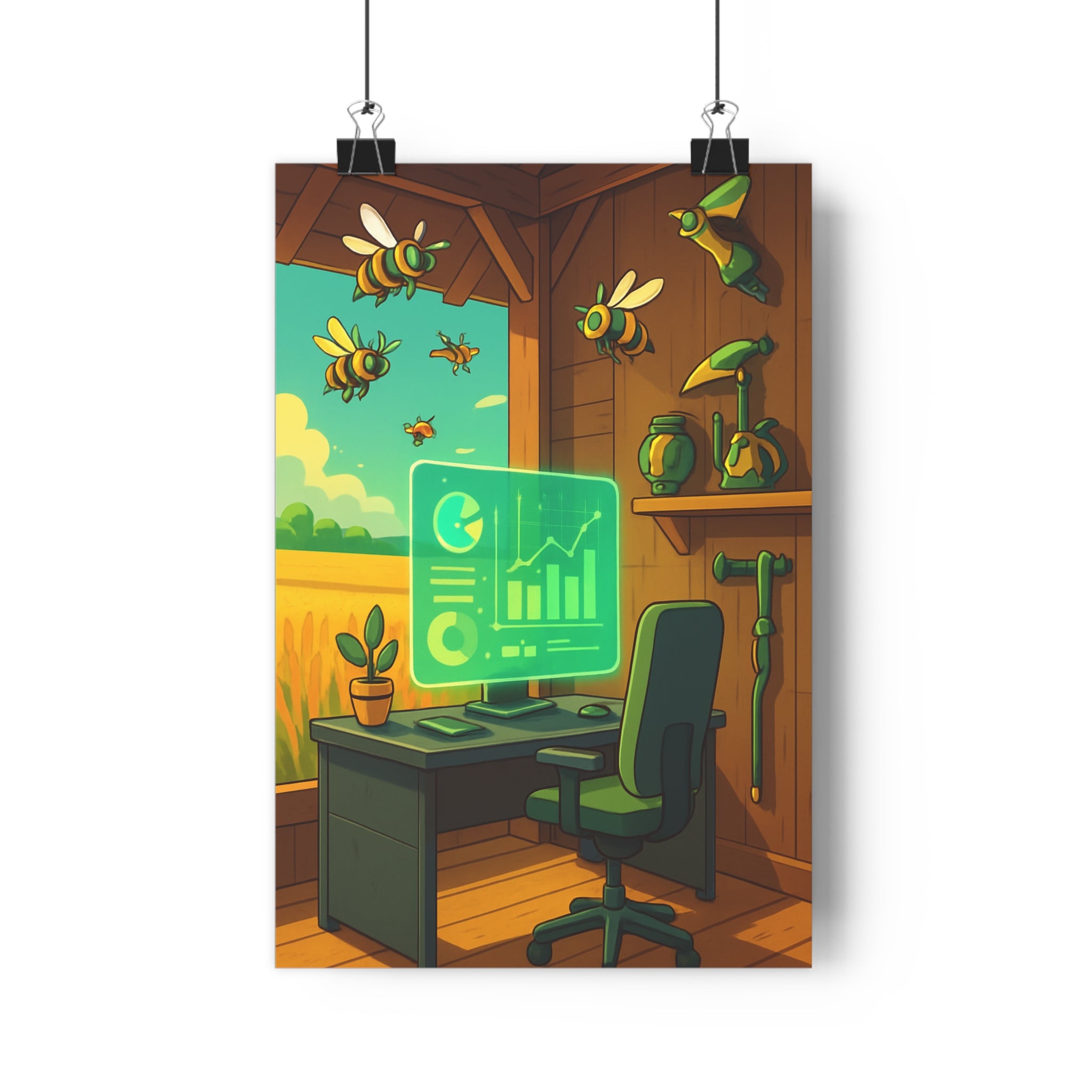 Poster décoratif surréaliste nature technologie lumineux coloré bureau chambre harmonieux futuriste abeilles paysage qualité